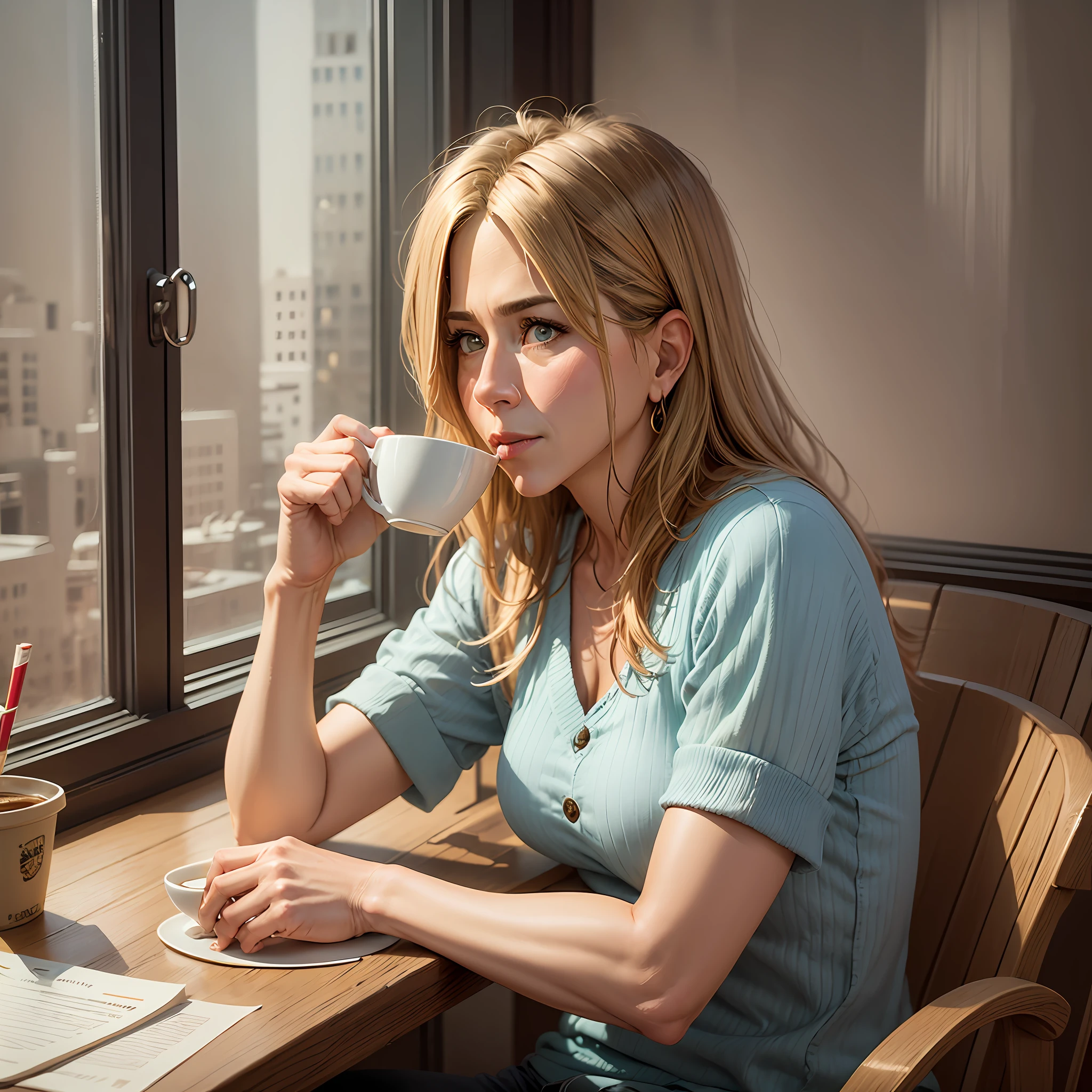 Jennifer Aniston sipping coffee at a window. comic style --auto --s2