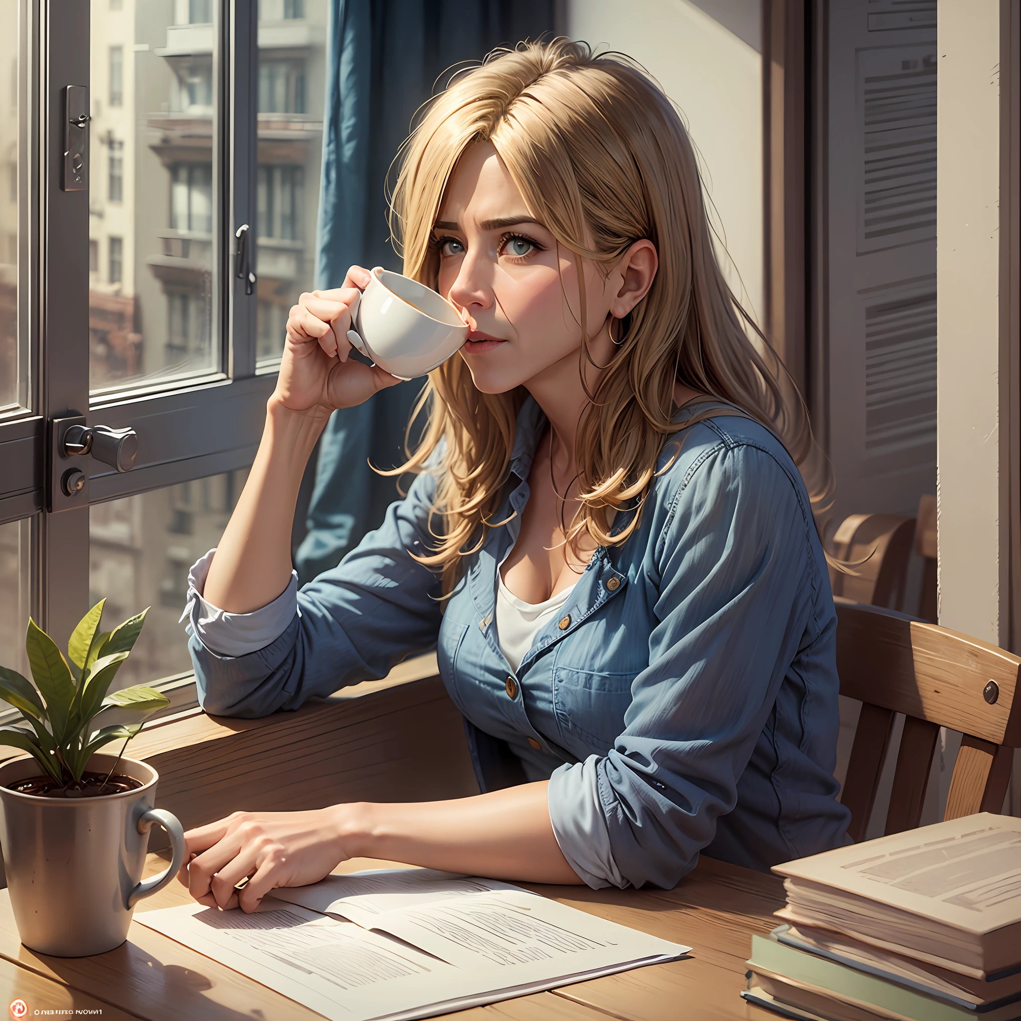 Jennifer Aniston sipping coffee at a window. comic style --auto --s2