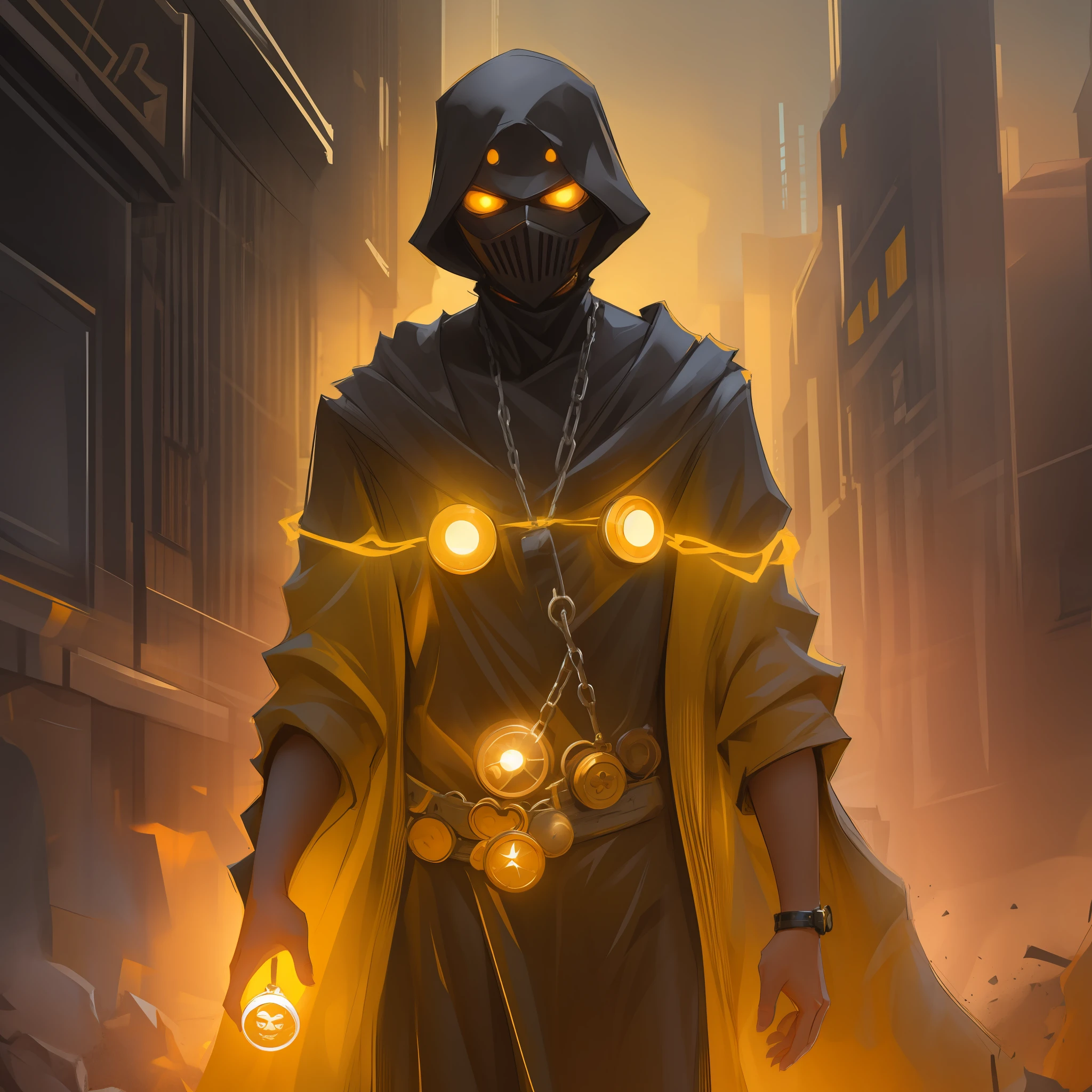 "A captivating image of a mysterious figure donning a vibrant yellow robe and a captivating mask, gripping an ancient pocketwatch radiating an enchanting and flickering orange glow. Exuding a strong and intense aura of badassery."