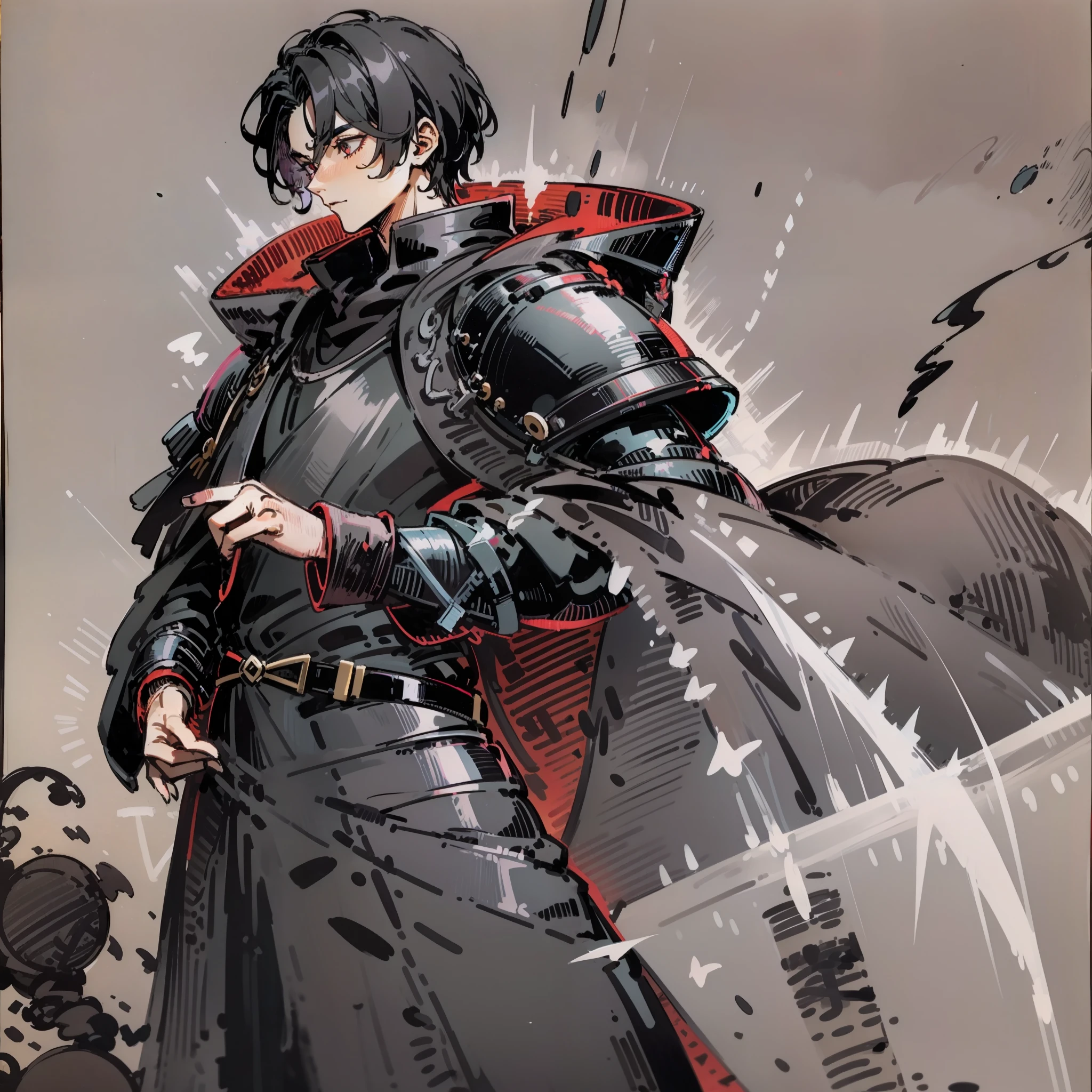 A man with short, black hair. He has dark eyes and wears a black robe with a leather armor underneath. He has white skin and is tall. He wears a black hooded robe.