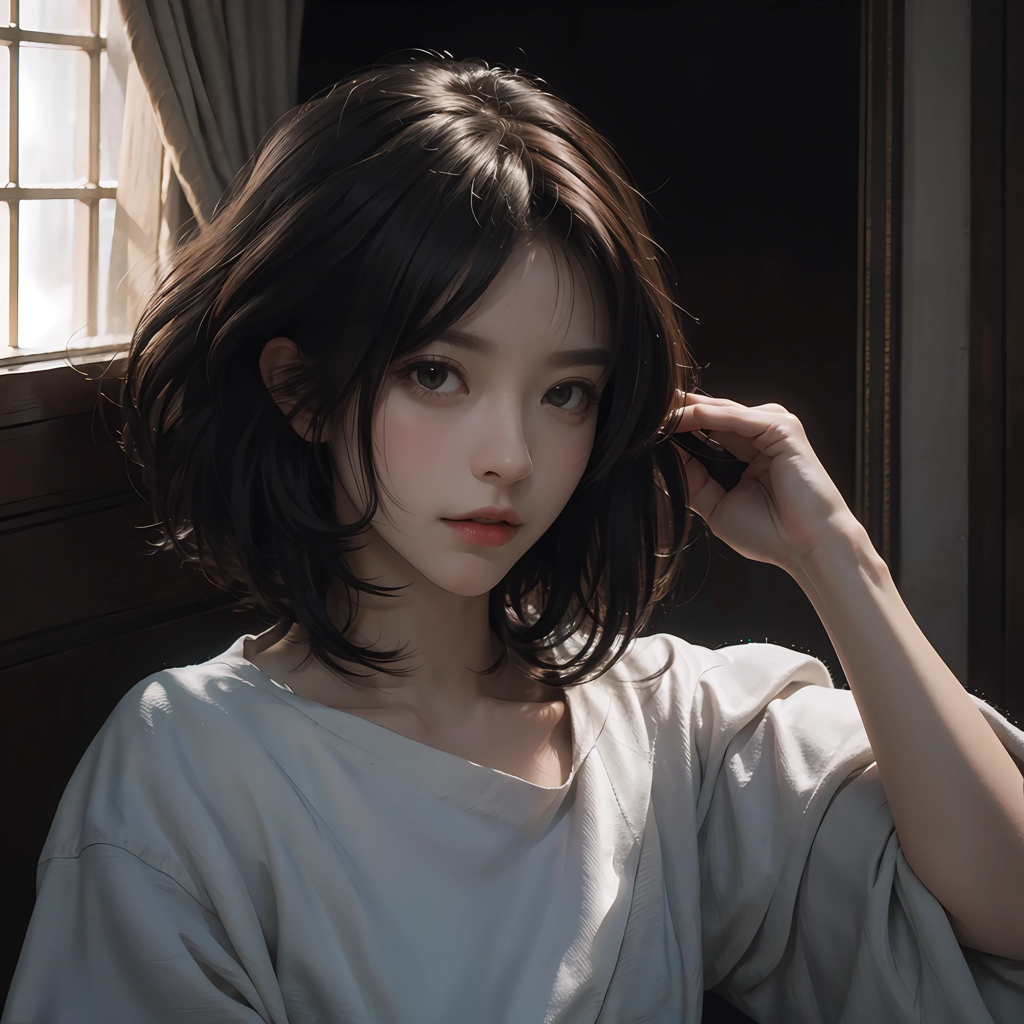 (RAW photos, top quality), (realistic, photorealistic: 1.3), highest quality, high definition, masterpiece, super detail, illustration, 1girl, upper_body, dynamic angle, world masterpiece theater, messy_long_hair, top quality, highly detailed CG Unity 8k wallpaper, ink, stunning, cinematic lighting, lens_flare, dunhuang_ style, ((short hair)), nice hairstyle