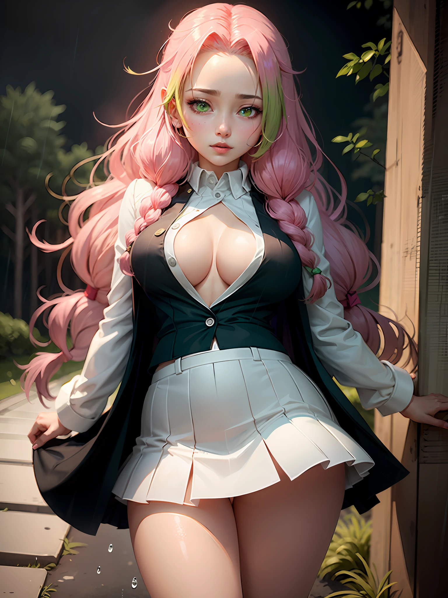 masterpiece, top quality, best quality, (sexual), 1girl, (upper body), (standing), Mitsuri, (gradient hair color), (long hair), seductive expression, sultry face, (love goddess), green eyes, (erotic),, cleavage, (demon slayer uniform), white jacket, (mini skirt), black skirt, (forest), (dark forest), (rain), (ominous),