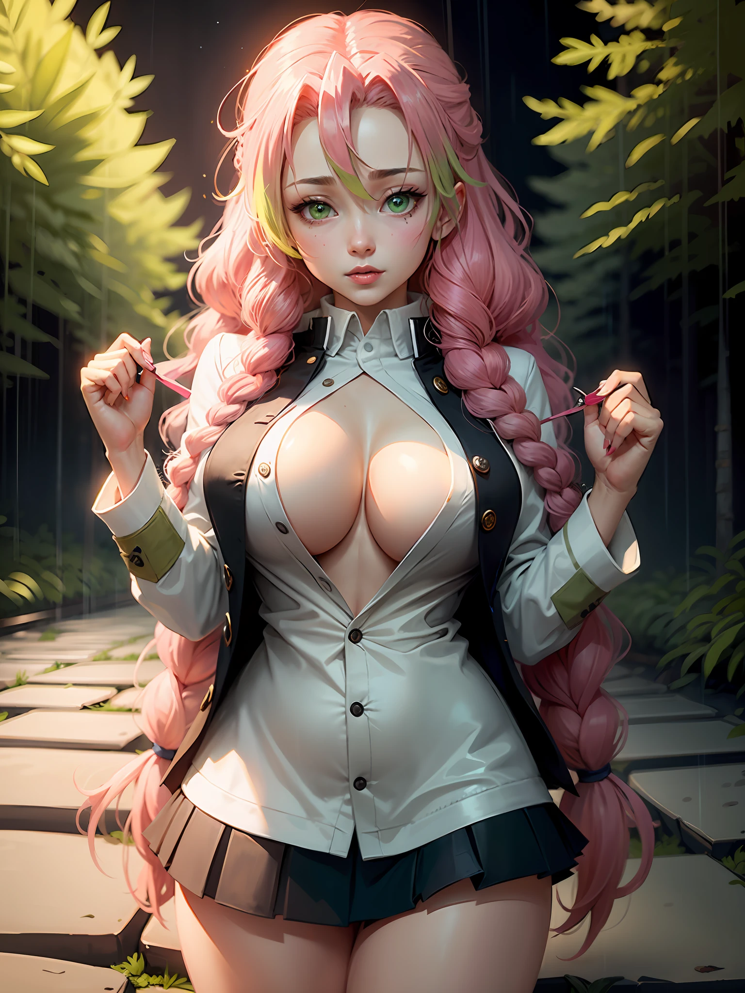 masterpiece, top quality, best quality, (sexual), 1girl, (upper body), (standing), Mitsuri, (gradient hair color), (long hair), seductive expression, sultry face, (love goddess), green eyes, (erotic),, cleavage, (demon slayer uniform), white jacket, (mini skirt), black skirt, (forest), (dark forest), (rain), (ominous),