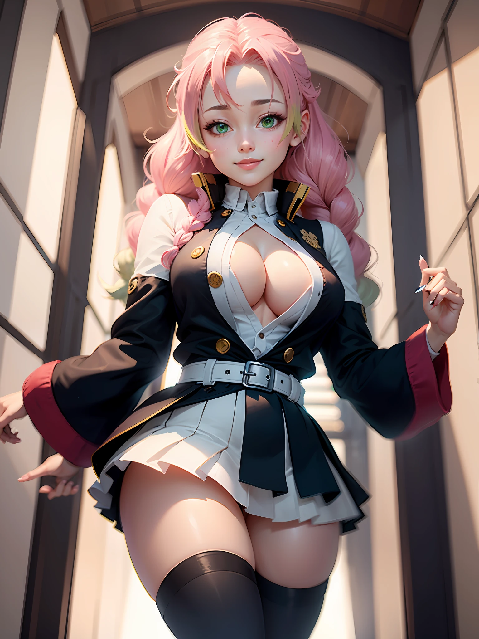 3dmm style,(masterpiece, top quality, best quality, official art, beautiful and aesthetic:1.2), (fractal art:1.3), 1girl, beautiful, high detailed,lighting, bloom, cinematic lighting,smiling, Mitsuri, (gradient hair color),green eyes,cleavage, (demon slayer uniform), white jacket, (mini skirt), black skirt, medium shot,