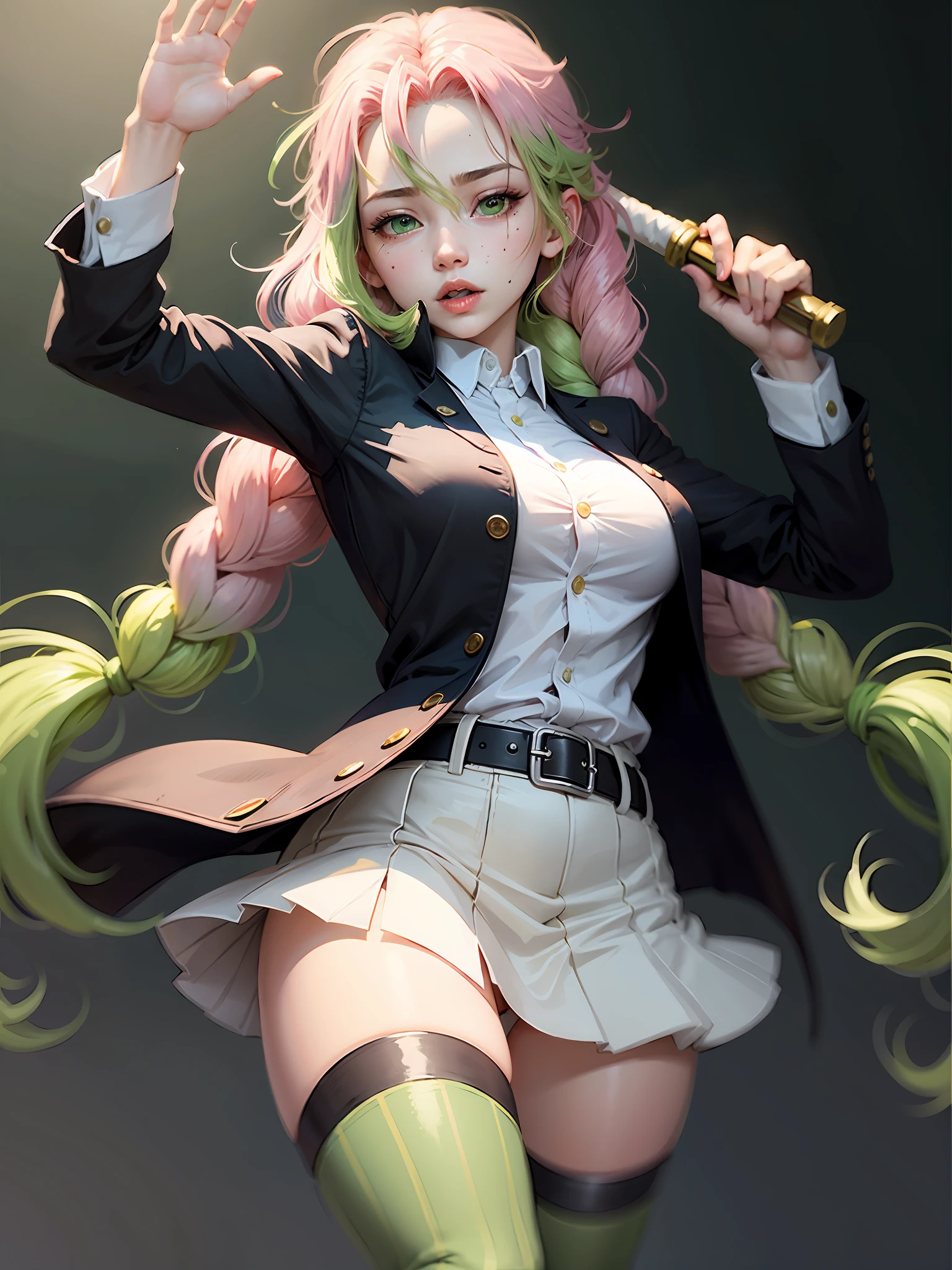 (Masterpiece), High Quality, 1girl, solo,
ChopioMitsuri, braid, twin braids, long hair, pink hair, multicolored hair, green hair, gradient hair, two-tone hair, hair between eyes, mole under eye, green eyes, shiny eyes,
ChopioMitsuri, braid, twin braids, long hair, pink hair, multicolored hair, green hair, gradient hair, two-tone hair, hair between eyes, mole, mole under eye, green eyes,
demon slayer uniform, long sleeves, haori, shirt, jacket, white jacket, partially unbuttoned, skirt, black skirt, pleated skirt, thighhighs, zettai ryouiki, green thighhighs, ribbed legwear, open clothes, belt, white belt, sword, action pose, whip,