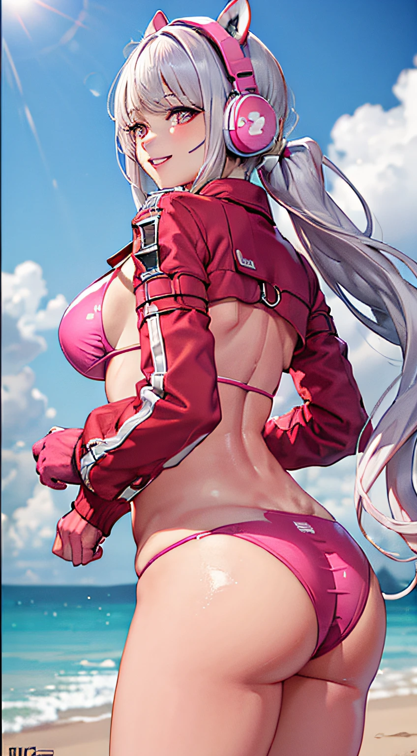 (Photorealistic: 1.4), Best Quality, Ultra High Resolution, 4K, Instagram, High Detailed, Alice (Nikke), Animal Ears, Artificial Animal Ears, Gloves, Headphones, Headset, Jacket, Pink Bikini, Pink Eyes, Back, White Hair, VirtualGirl-Aim, ,Normal Breasts, Big Thigh, Long Hair, Crystal Pendant, Smile,