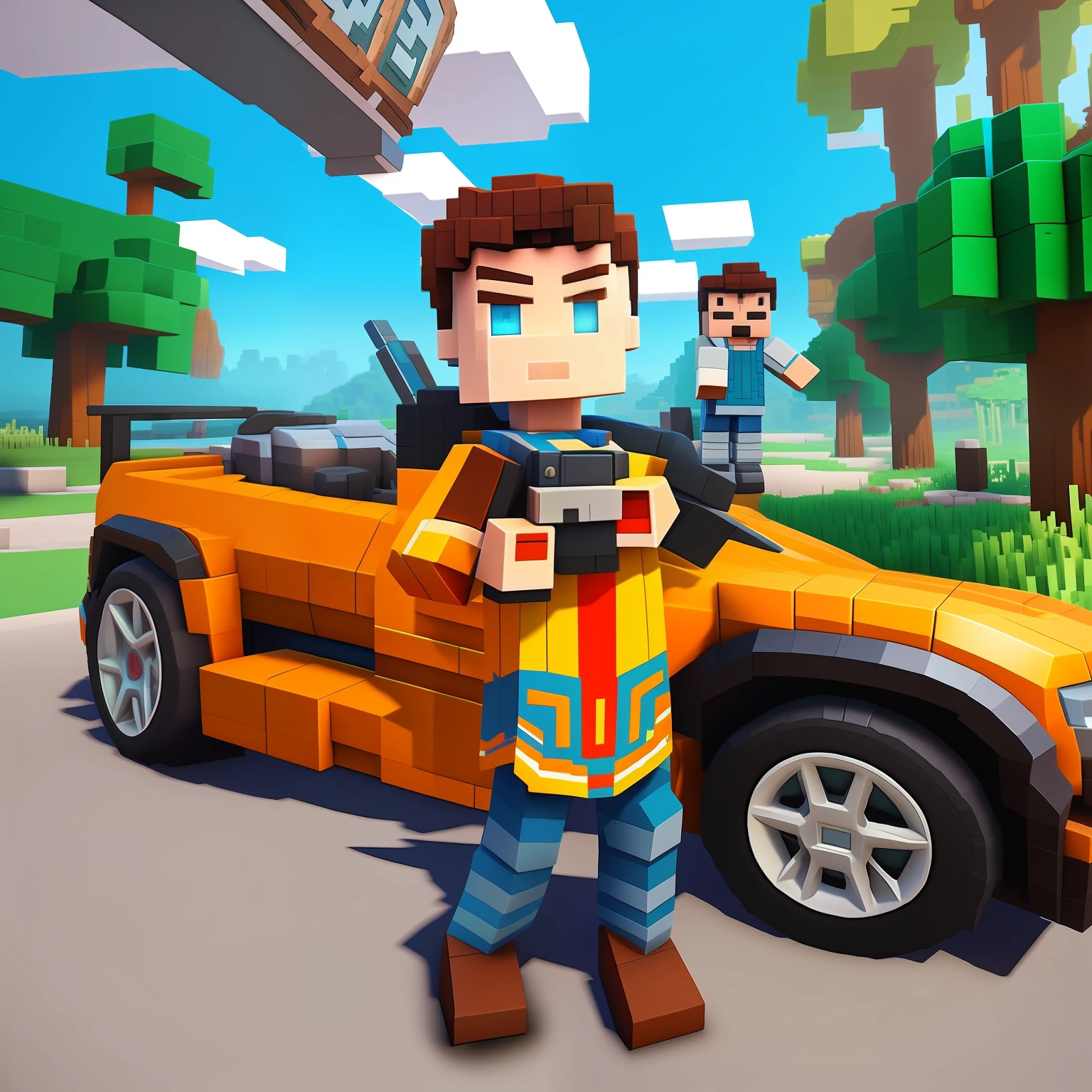 a close up of a person standing in front of a car, stylized anime, blocky like minecraft, in game style 8k, 3 d videogame render, cartoony shaders, voxels, next gen, videogame still, videogame 3d render, stylized 3 d, medium shot of two characters, stylized art, front cover of a new video game