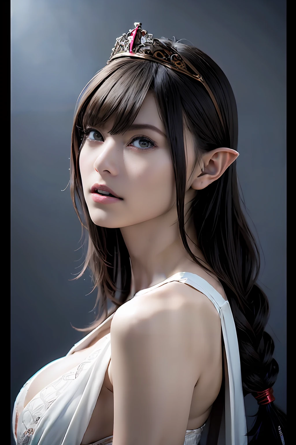 Ultra-detailed complex 3D rendering of the face, (Colossal: 8.8), (masterpiece, top quality, octane rendering, 8K), glamour shot full body image, very beautiful young elf, cleavage, (very detailed skin: 1.2), (exposure: 1.1), brown hair, (wearing a plummeted open shirt of white silk: 1.5)), beautiful Caucasian woman with white skin with full soft breasts with big buttocks, 1 person, long braided hair, big breasts, dynamic angle, mystical expression, ultra-realistic photos, (((((portrait))), bare feet, futuristic urban background, facial muscles, detailed and beautiful queen crown, in the style of Marvel Comics, ArtStation trends, clear focus, studio photography, intricate details, very detailed, detailed red eyes, very detailed, Sharp Focus, Digital Rendering, Professional, Abs, Dark Grey Background, Shot with Canon EOS R 6, (((((Sexy Pose)))),