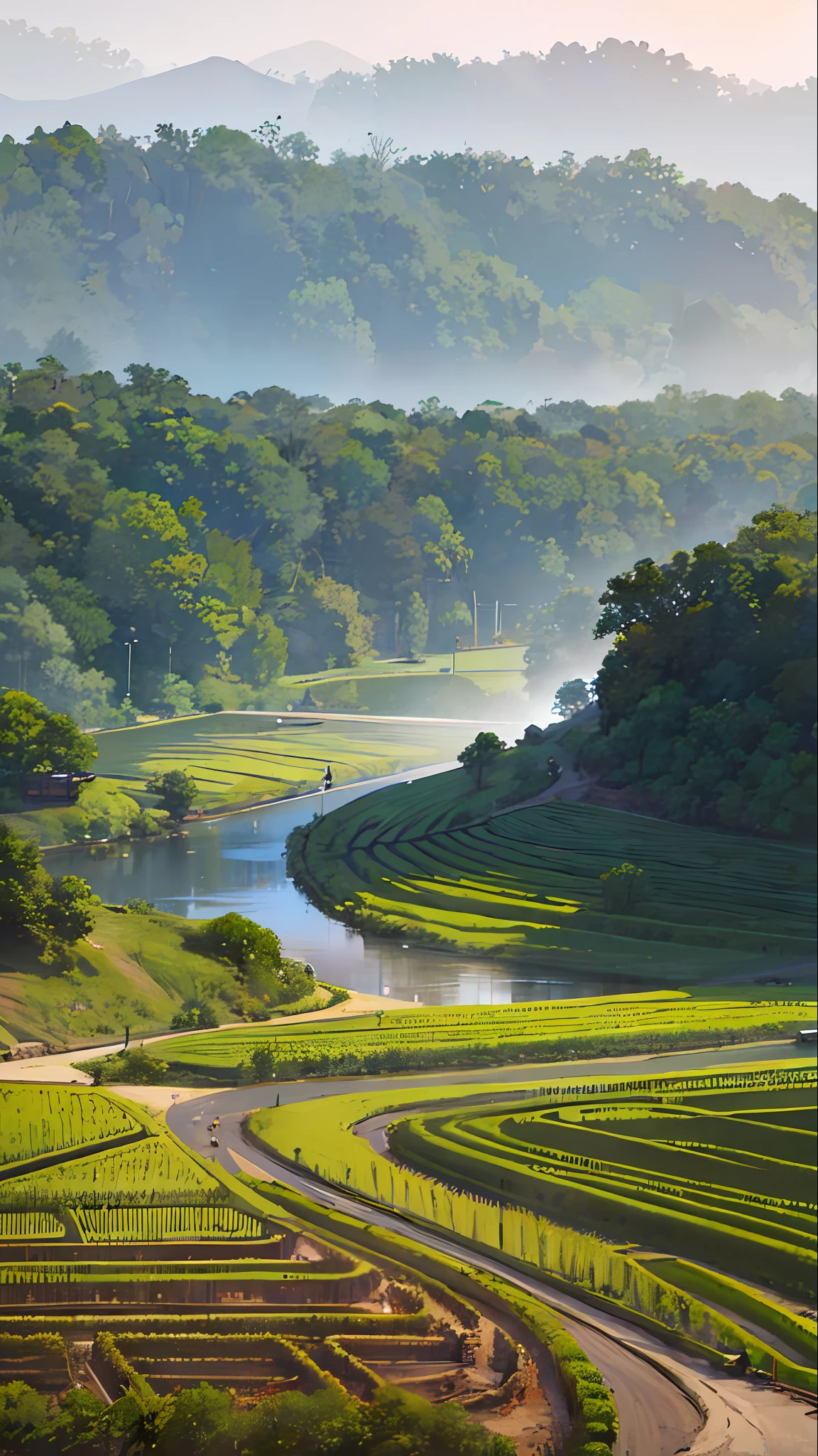 beautiful rice field in wonosari gunungkidul, fantasy world, at dawn, detailed, best quality, step road, small village, small forest, waterfall, surreal, at dawn, forgotten memory, nature, river --auto --s2