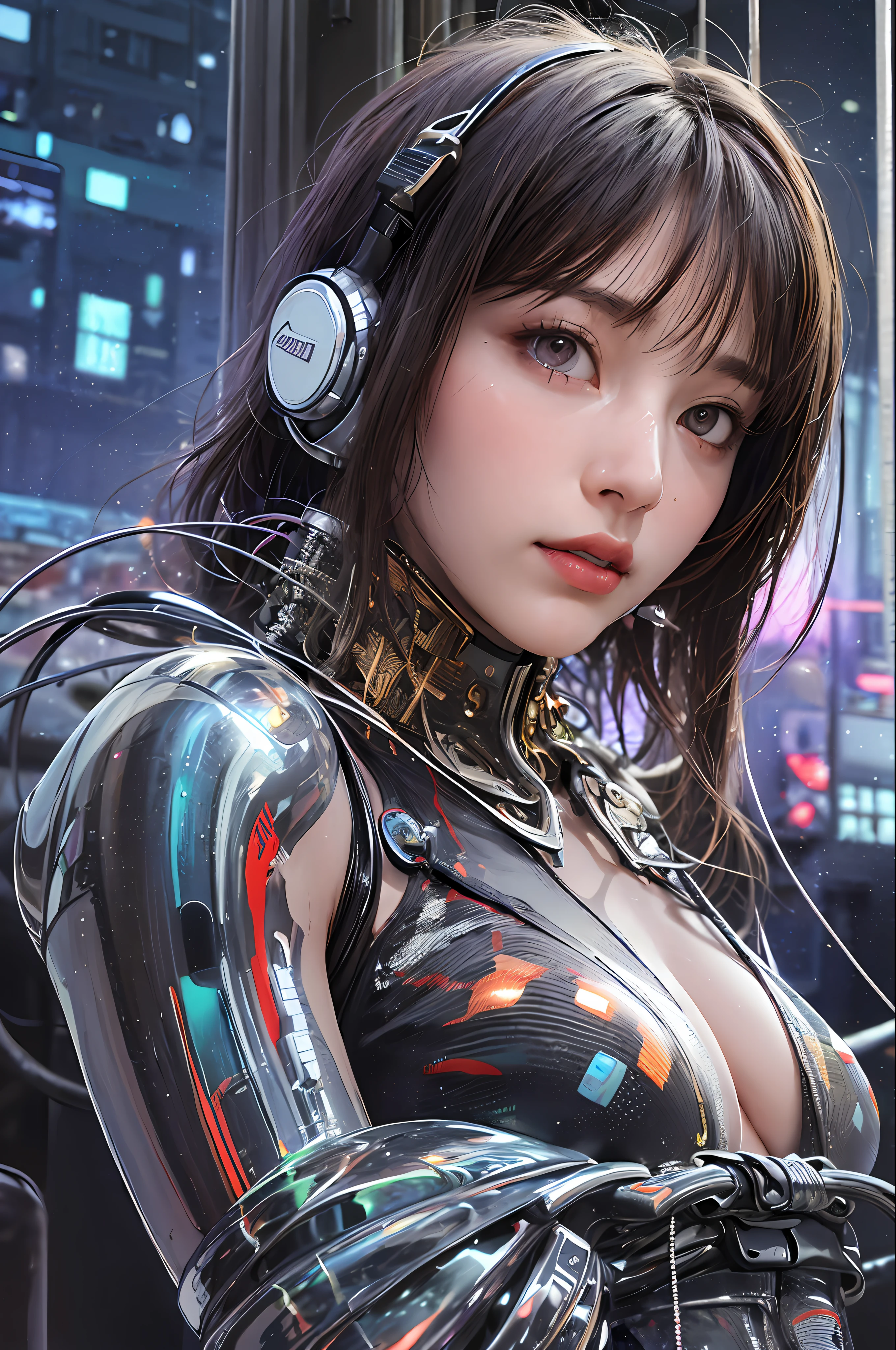 Top quality, masterpiece, ultra high resolution, (photorealistic: 1.4), raw photo, futuristic town, futuristic skyscrapers, futuristic street corner, one girl, black hair, shiny skin, 1 mechanical girl, (((ultra-realistic details)), sid mead style mechanical design, portrait, global illumination, shadows, octane rendering, 8K, ultra sharp, Big, cleavage exposed raw skin, metal, intricate ornament details, headset, hydraulic cylinder, very intricate details, realistic light, CGSoation trend, purple eyes, glowing eyes, facing the camera, neon details, mechanical limbs, blood vessels connected to tubes, mechanical vertebrae attached to the back, mechanical cervical attachment to the neck, sitting, wires and cables connecting to the head, Evangelion, cyberpunk, small LED lamps,