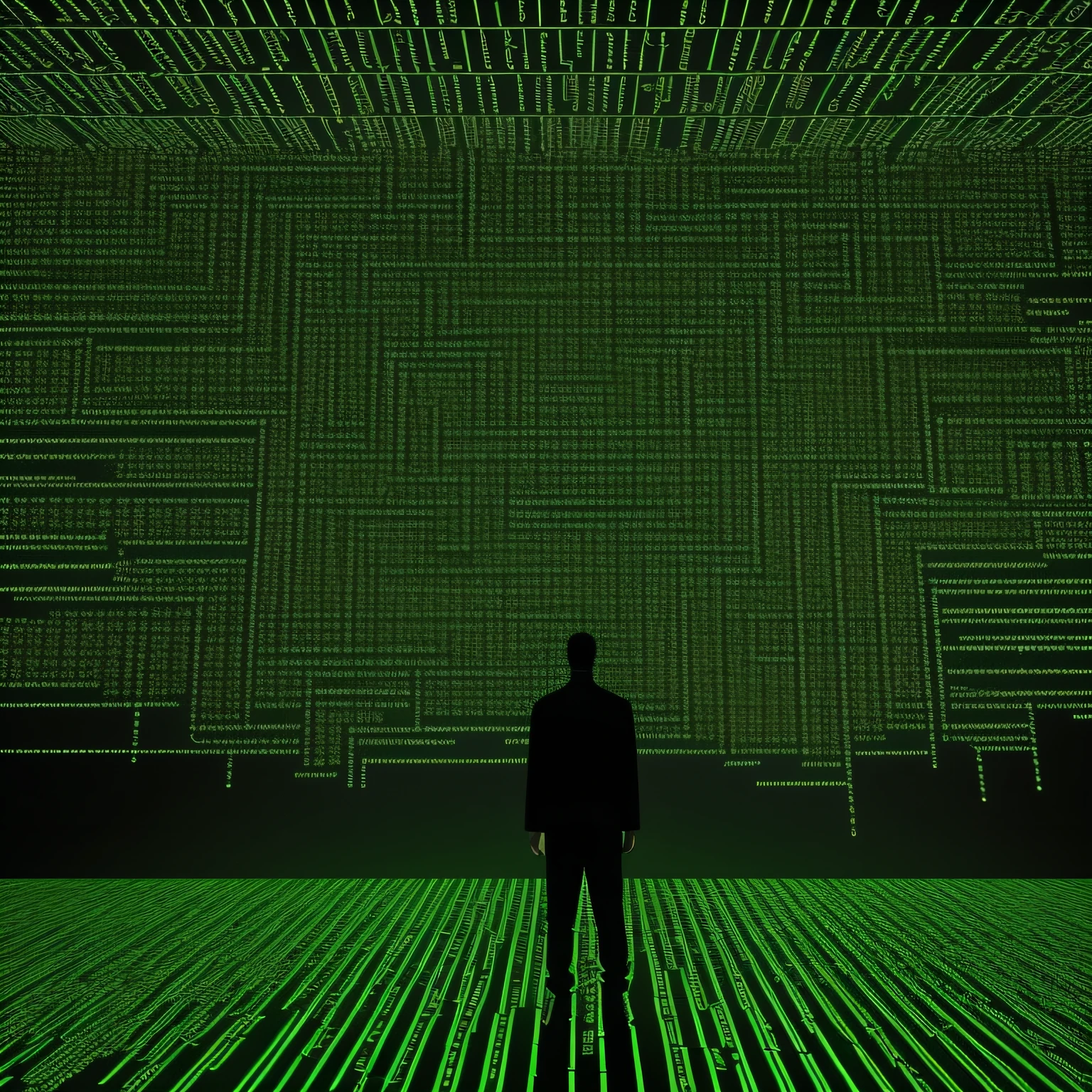 an image with a background composed of an array of binary codes in black and green, representing a technological environment. The binary codes are arranged in complex patterns, resembling a digital wall. In front of this background has a ninja all black without face, ultra high res, better quality