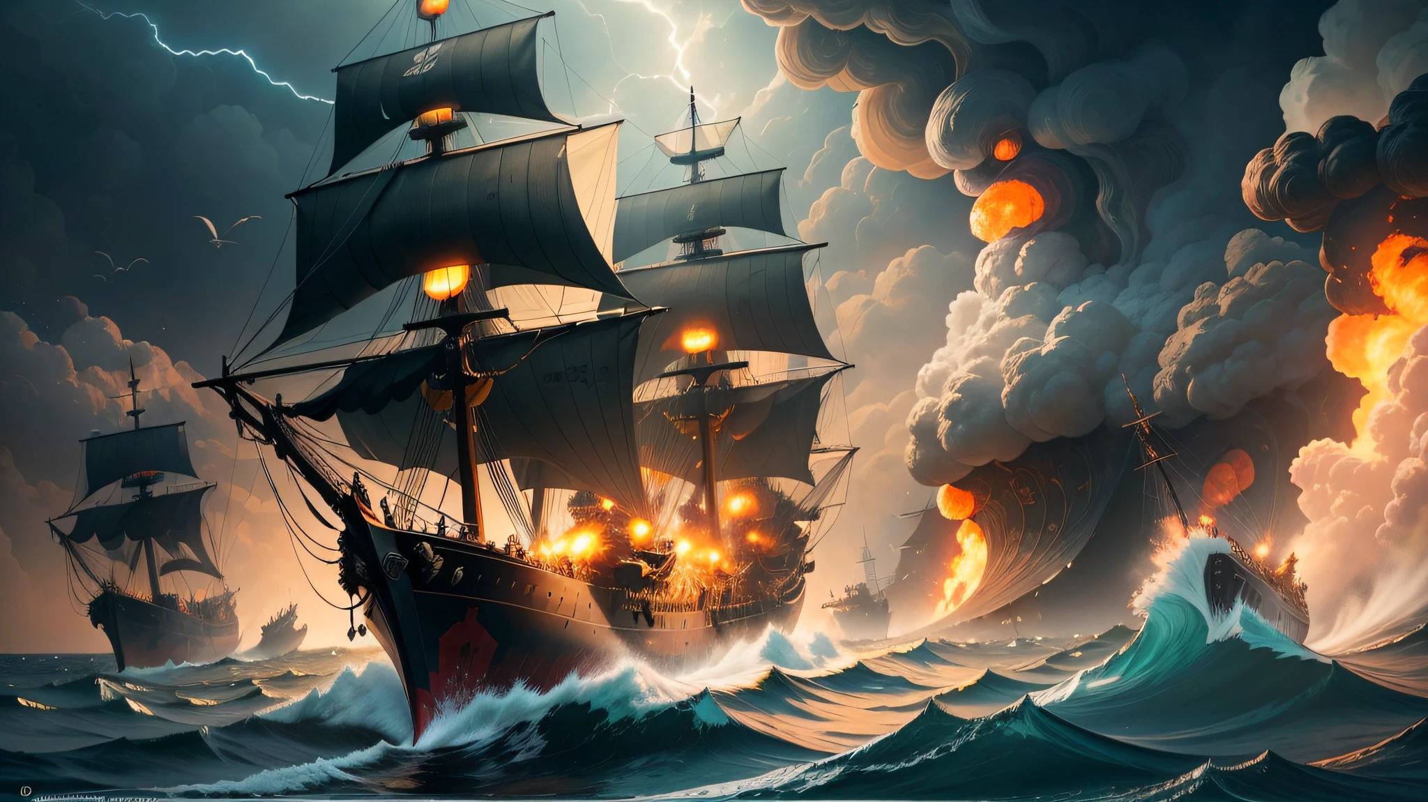 A volcano blazing on an island looming over a raging ocean that illuminates a sailing ship sailing in storm waves, oil paintings by Greg Rutkowski, John Collier, Albert Auble, Krenz Kushart, Artem Demura and Alphonse Mucha, epic fantasy, magical collective art, volumetric lighting, beautifully detailed render with 8k octane, post-processing, extremely hyper-detailed, complex, Epic composition, dark but sparkling atmosphere, cinematic lighting + masterpiece, trend on ArtStation, very detailed, bright colors