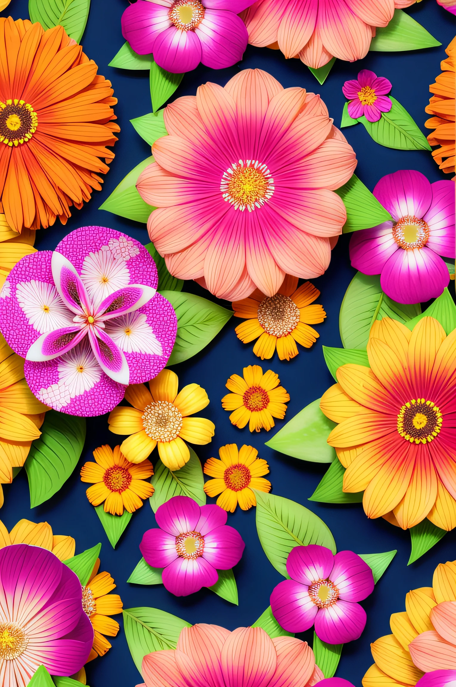 Print of gerberas flowers, with pink, blue, yellow and purple tones. .3D