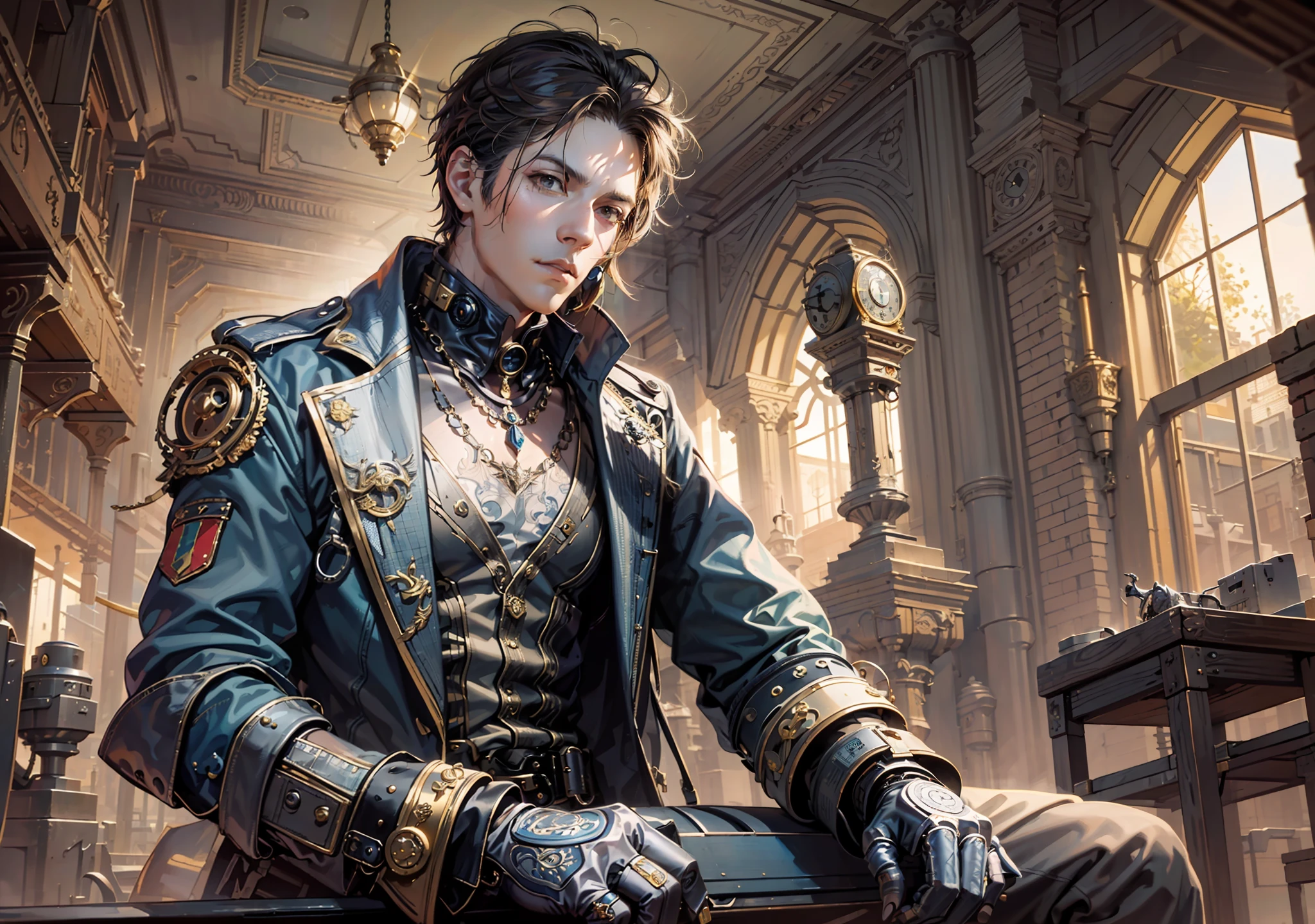 there is a man sitting on a bench in a building, steampunk male portrait, by Yang J, steampunk fantasy style, male artificer, beautiful androgynous prince, epic exquisite character art, rococo cyberpunk, sakimichan frank franzzeta, magic and steam - punk inspired, detailed character portrait, highly detailed exquisite fanart