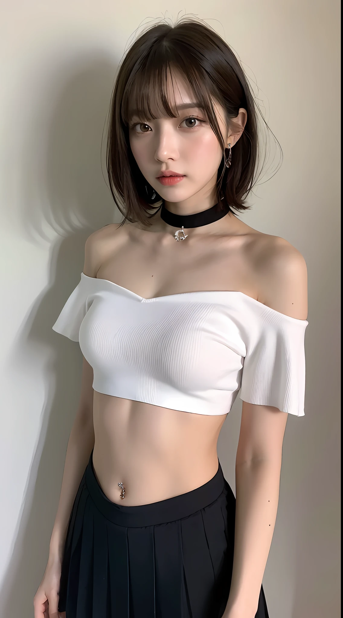((Night, Real Light, Top Quality, 8k, Masterpiece: 1.3)), 1 girl, Slender Figure: 1.4, Abs: 1.1, (Blonde Short Hair, Beautiful: 1.3), Black Mini Pleated Skirt: 1.2, Off-Shoulder, White Studio, Ultra Detailed Face, Detailed Eyes, Double Eyelids, Navel Out, With Bangs, Black Pin Heels, Black Choker, Navel Piercing