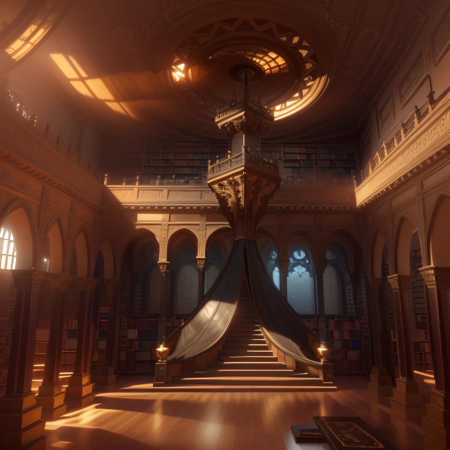 there is a large spiral staircase in a building with a circular ceiling, gothic epic library concept, stuning fantasy 3 d render, unreal engine render concept art, intricate castle interior, dark majestic ornate great hall, futuristic palace, (octane render) fantasy style, unreal engine render style, detailed unreal engine 5 render, daily render, gothic epic library, rustic throne room