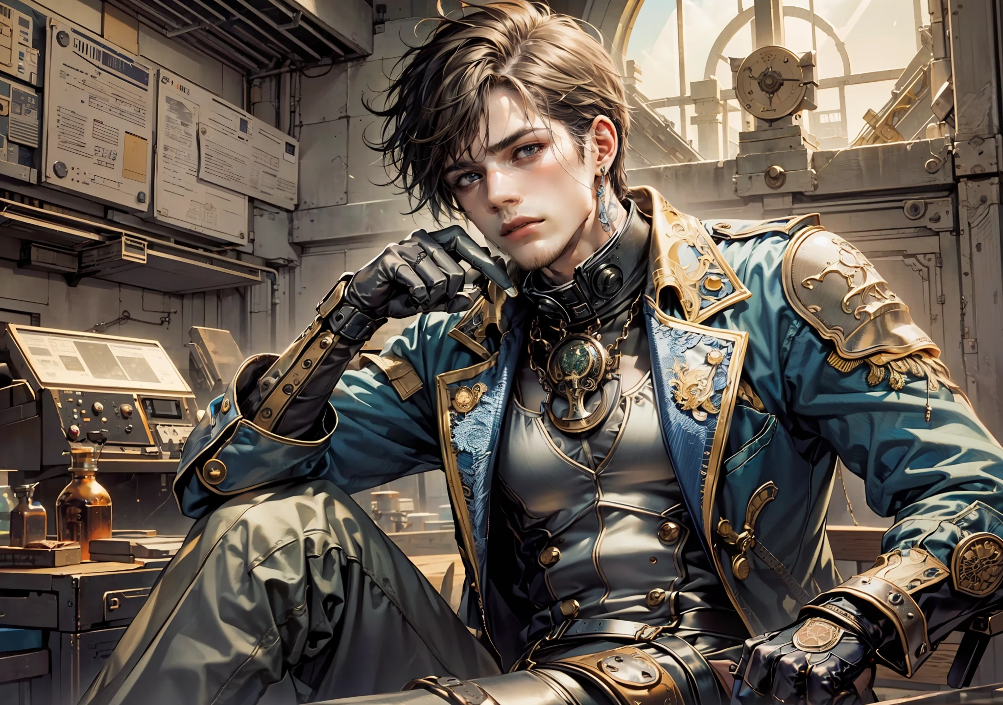 man, abs, male, male face, attractive, muscular, ((1man)), sitting, cool pose,(( steampunk clothes)), masterpiece, absurd, best quality, intricate details, (shiny skin, shiny body, bright and oily skin, shiny hair, pale skin tone), old castle, sunset, attractive, adult, one, don't look at the sight, short black hair, perfect detailed face, perfect detailed hands, blue eyes,  ((MLS)), medium large outbreak