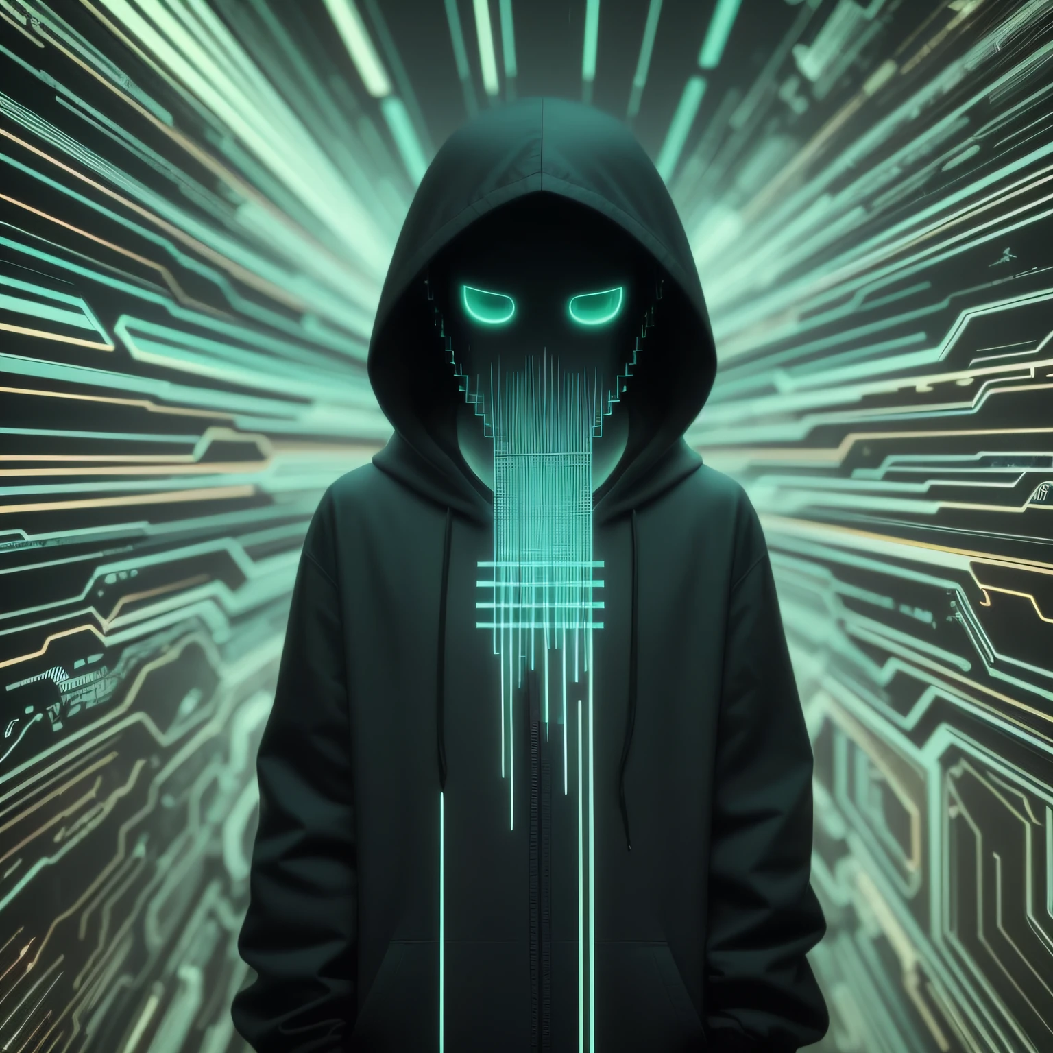 A closeup of a hooded guy viewing a phone with a neon light, black background, black background, black, glitchy, hooded figure, glitch art, neon glitch, glitched, alternate album cover, vhs glitch, video glitch, ( (dithered ) ), ( ( glitch art ), unexpected glitch art, analog glitch art, glitch art aesthetics, blurry and glitchy, noisy and glitched