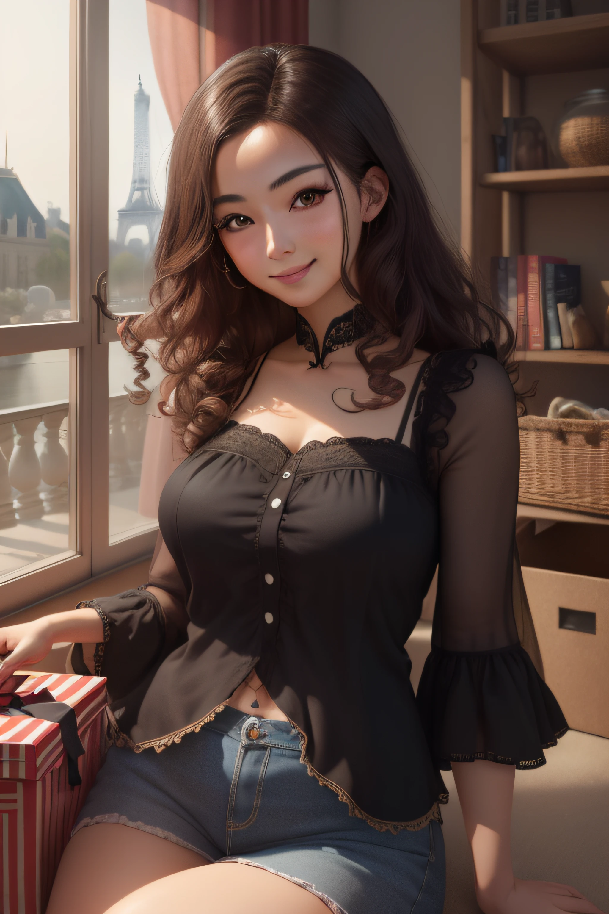 Inbox\(TTP\), In the Toy Box, (Masterpiece: 1.3), (best_quality:1.3), (ultra_detailed:1.3), 8K, extremely_clear, Realism, (Surrealism: 1.3), seductive_smile, Brunette with long curly hair, Chinese girl. Play with the Eiffel Tower in Paris