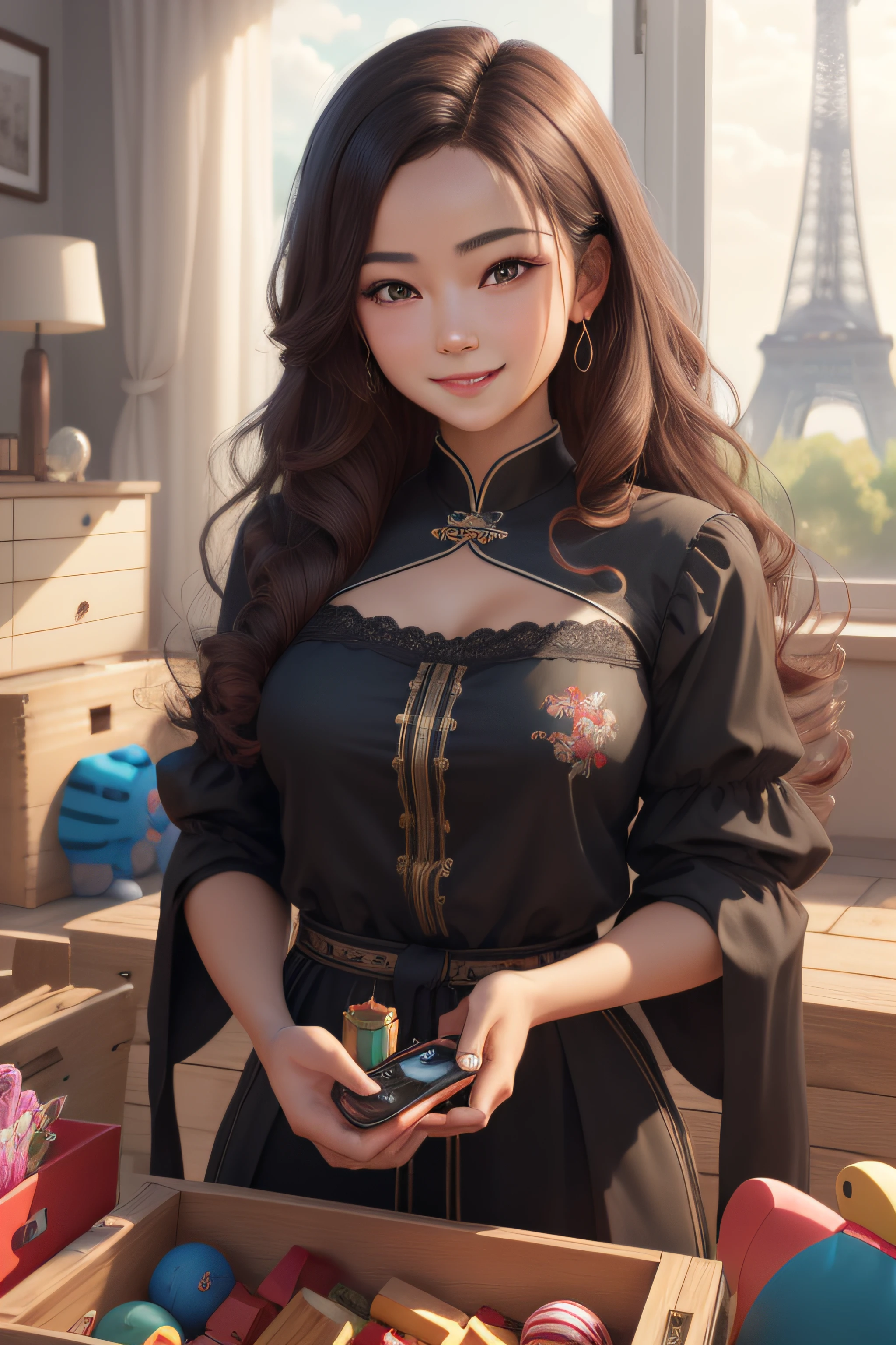 Inbox\(TTP\), In the Toy Box, (Masterpiece: 1.3), (best_quality:1.3), (ultra_detailed:1.3), 8K, extremely_clear, Realism, (Surrealism: 1.3), seductive_smile, Brunette with long curly hair, Chinese girl. Play with the Eiffel Tower in Paris