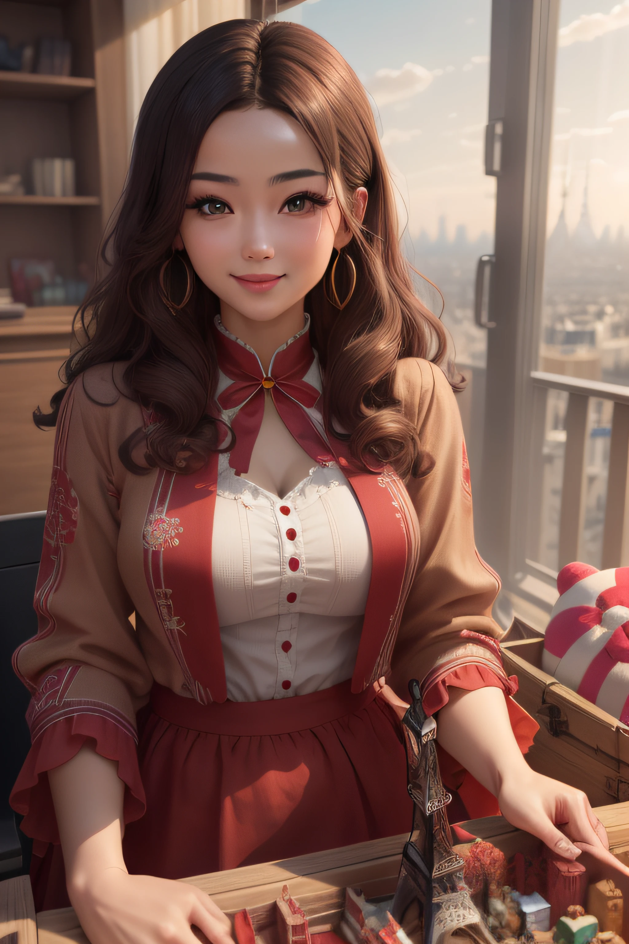 Inbox\(TTP\), In the Toy Box, (Masterpiece: 1.3), (best_quality:1.3), (ultra_detailed:1.3), 8K, extremely_clear, Realism, (Surrealism: 1.3), seductive_smile, Brunette with long curly hair, Chinese girl. Play with the Eiffel Tower in Paris