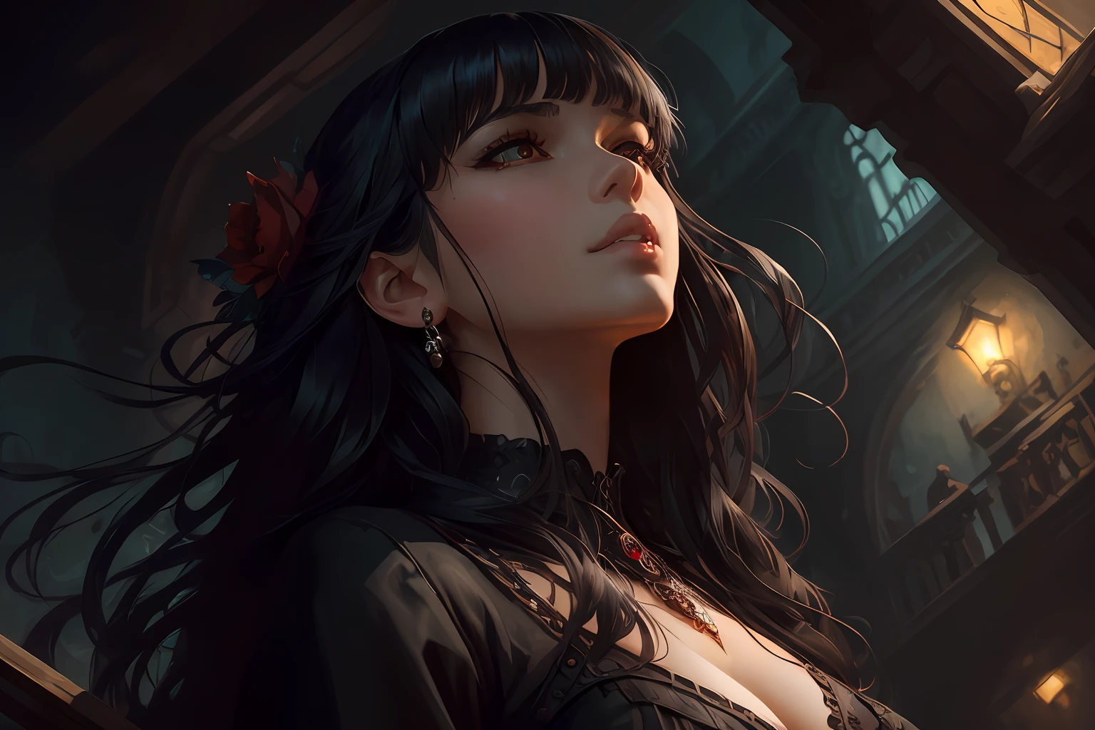 Woman with gothic clothes, long black hair, voluminous bangs, (extremely detailed CG unit 8k wallpaper), (((from below))), (((low angle)))), looking at the camera, beautiful face gorgeous navel, breasts perfect voluptuous body HDR Digital painting art by wlop artgerm Greg Rotkowski Alphonse Mucha CGsociety, professional majestic oil painting by Ed Blinkey, Atey Ghailan,  Studio Ghibli, by Jeremy Mann, Greg Manchess, Antonio Moro, trend in ArtStation, trend in CGSociety, Intricate, High Detail, sharp focus, dramatic and photorealistic painting art by midjourney and greg rutkowski, young woman, vampire girl, long black hair with bangs, red ruby iris, official character illustration,self details, sexy, mature, vampire, detailed character portrait,  stylized urban fantasy art, official character art, closeup of character art, (absurdres, highres, ultra detailed),mature woman, vampire, black hair, (long hair, voluminous bangs), modern gothic, gothic, long sleeve, elegant, colorful, taller detailed, upper body --auto