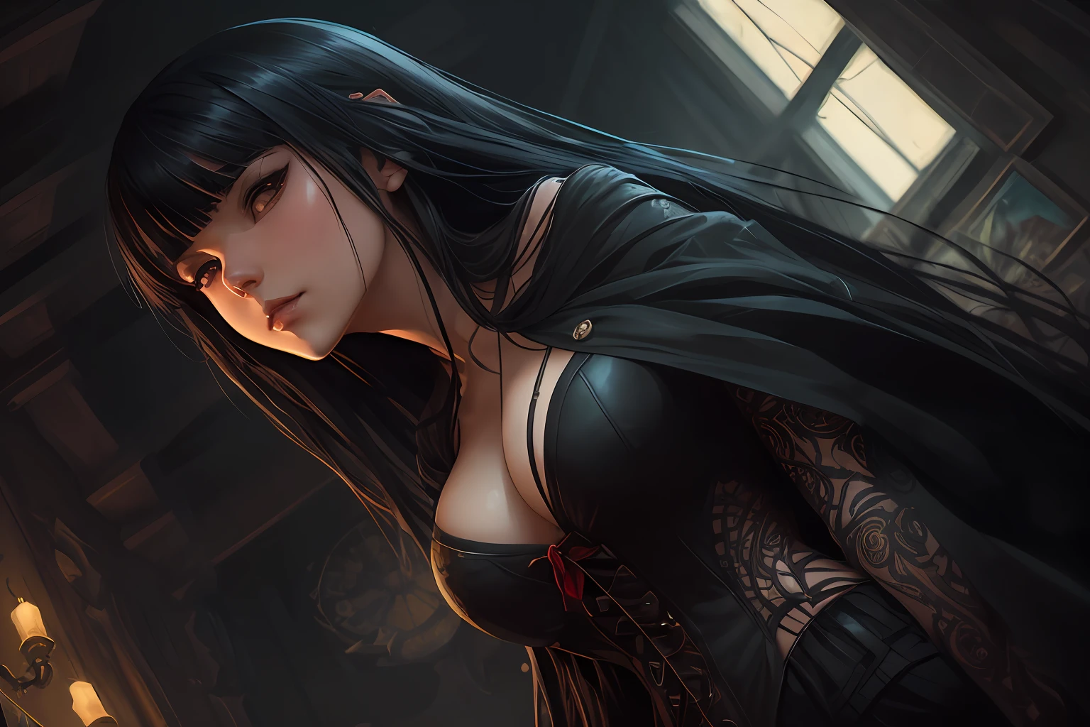 Woman with gothic clothes, long black hair, voluminous bangs, (extremely detailed CG unit 8k wallpaper), (((from below))), (((low angle)))), looking at the camera, beautiful face gorgeous navel, breasts perfect voluptuous body HDR Digital painting art by wlop artgerm Greg Rotkowski Alphonse Mucha CGsociety, professional majestic oil painting by Ed Blinkey, Atey Ghailan,  Studio Ghibli, by Jeremy Mann, Greg Manchess, Antonio Moro, trend in ArtStation, trend in CGSociety, Intricate, High Detail, sharp focus, dramatic and photorealistic painting art by midjourney and greg rutkowski, young woman, vampire girl, long black hair with bangs, red ruby iris, official character illustration,self details, sexy, mature, vampire, detailed character portrait,  stylized urban fantasy art, official character art, closeup of character art, (absurdres, highres, ultra detailed),mature woman, vampire, black hair, (long hair, voluminous bangs), modern gothic, gothic, long sleeve, elegant, colorful, taller detailed, upper body --auto