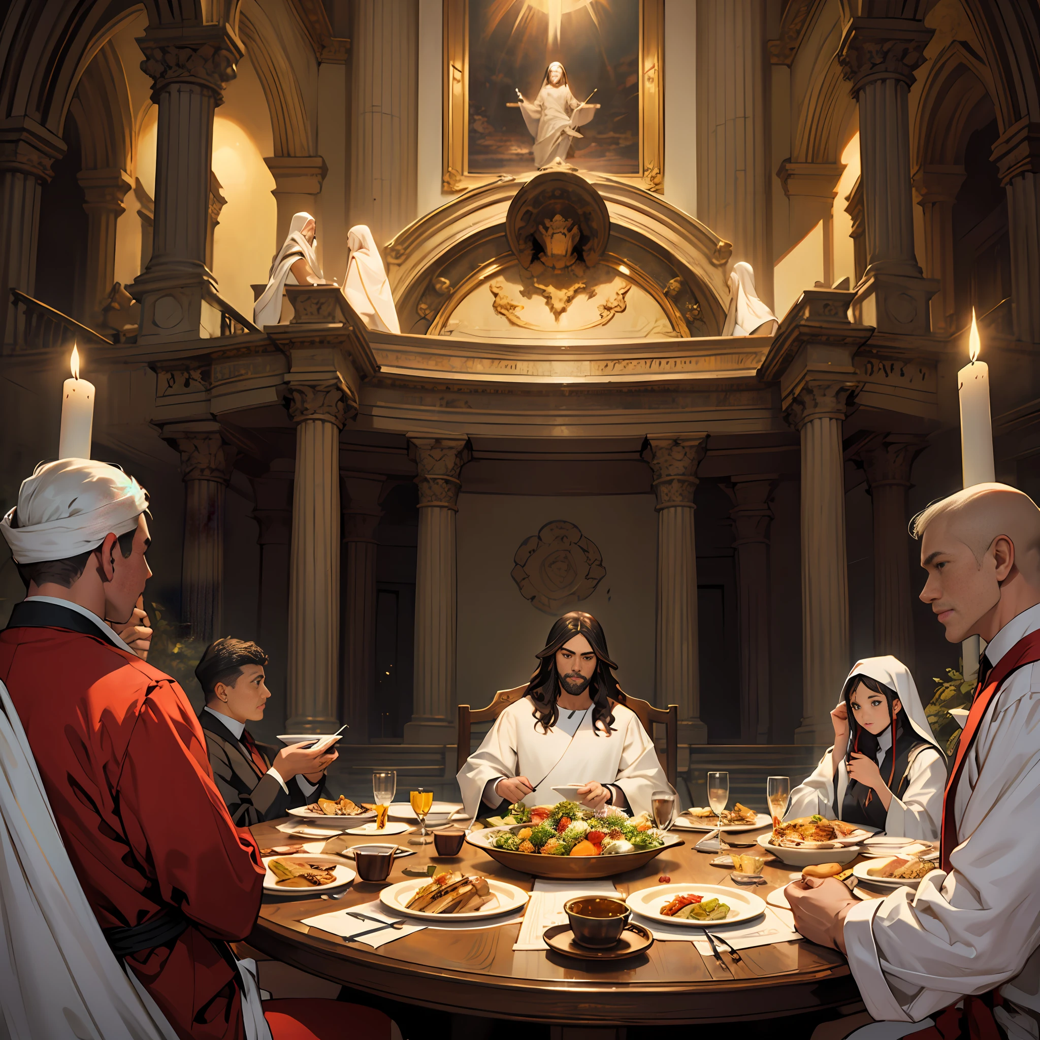 Jesus Christ sitting in front of a large banquet table in heaven, with various kinds of people sitting around --auto