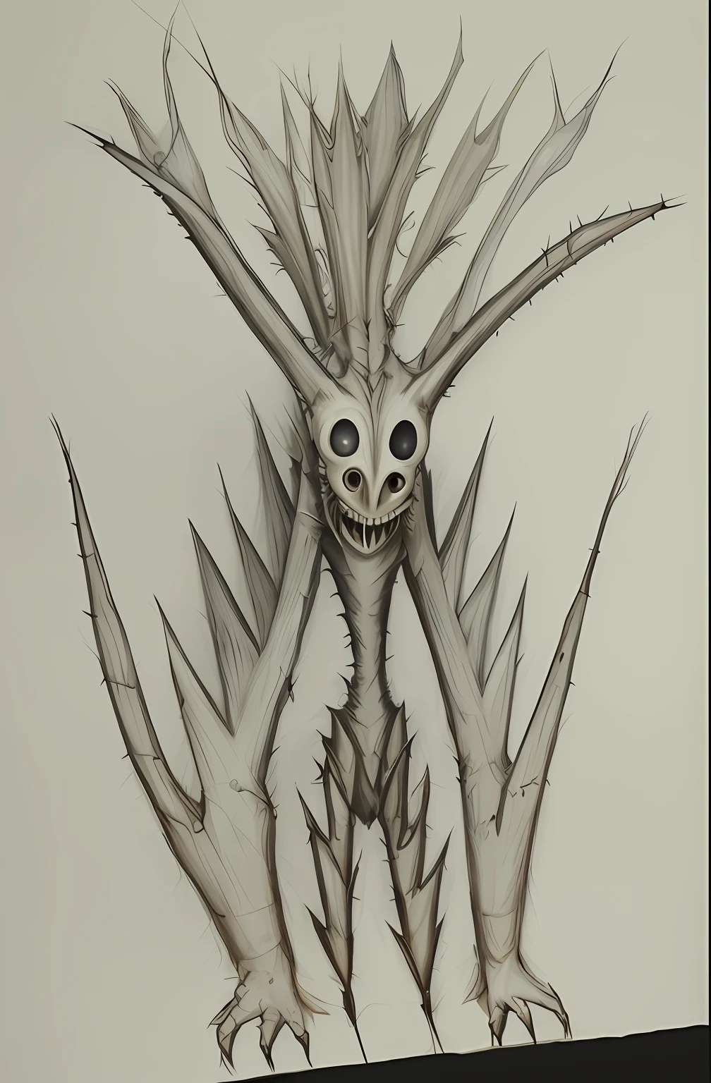 a humanoid thistle monster, alien creature, insectoid, alien forms, a demon-like creature, a demon-like creature, humanoid form, alien design, mysterious creature, slender figure, black monster full of thorns with big bright white eyes