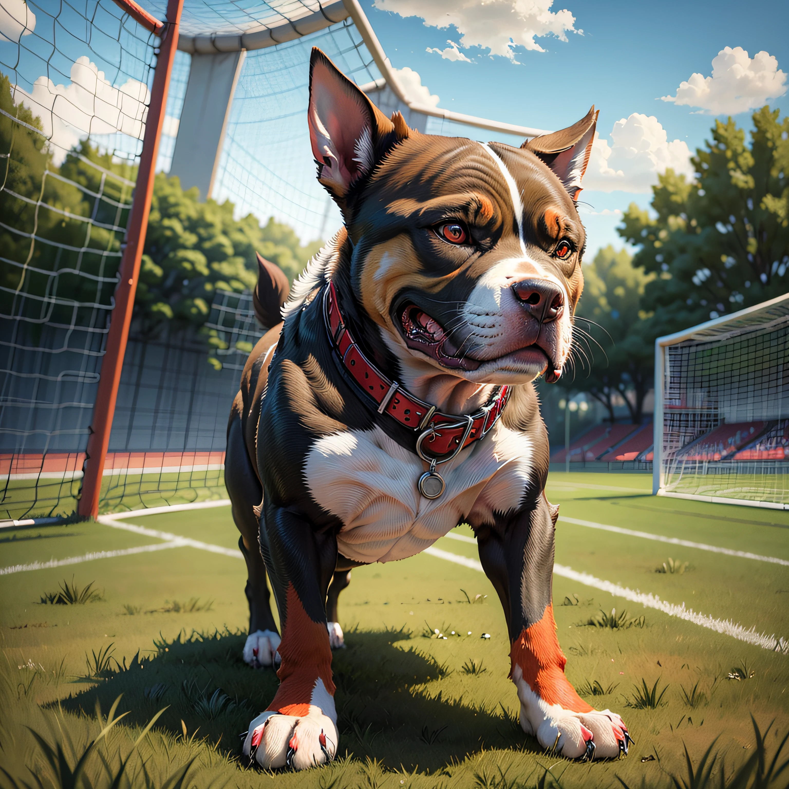A red dog playing with a soccer ball --auto