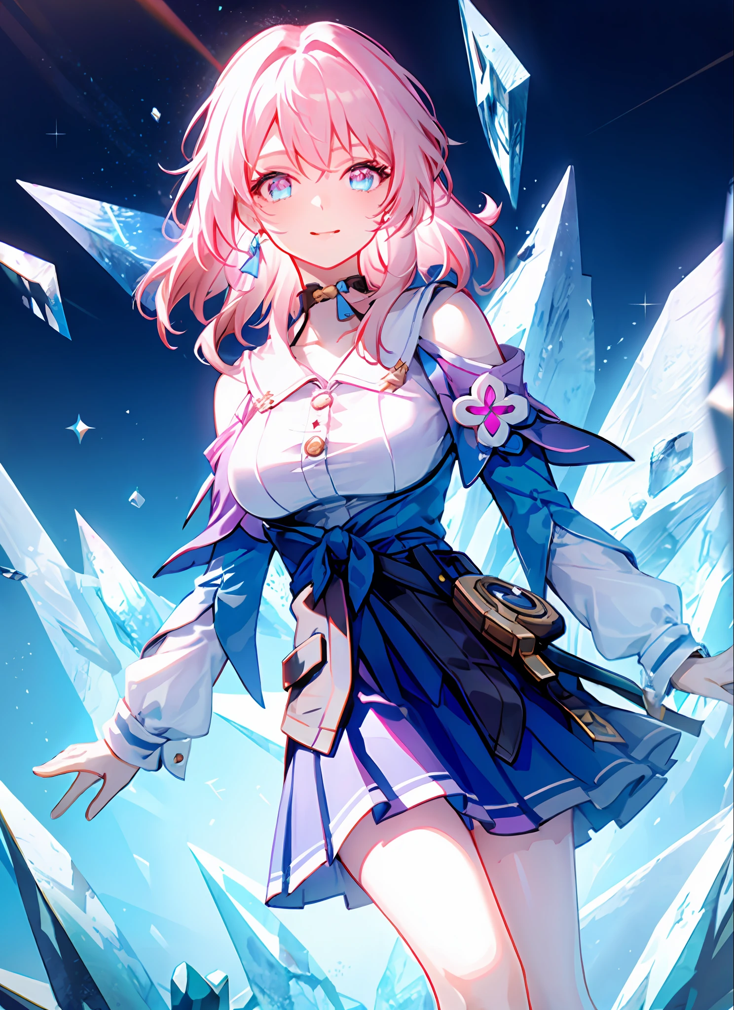 march 7th \(honkai: star rail\), 1girl, blue eyes, blue skirt, breasts, detached sleeves, earrings, ice, jewelry, long sleeves, medium breasts, medium hair, pink hair, shirt, skirt, solo, star \(symbol\), star earrings, white shirt