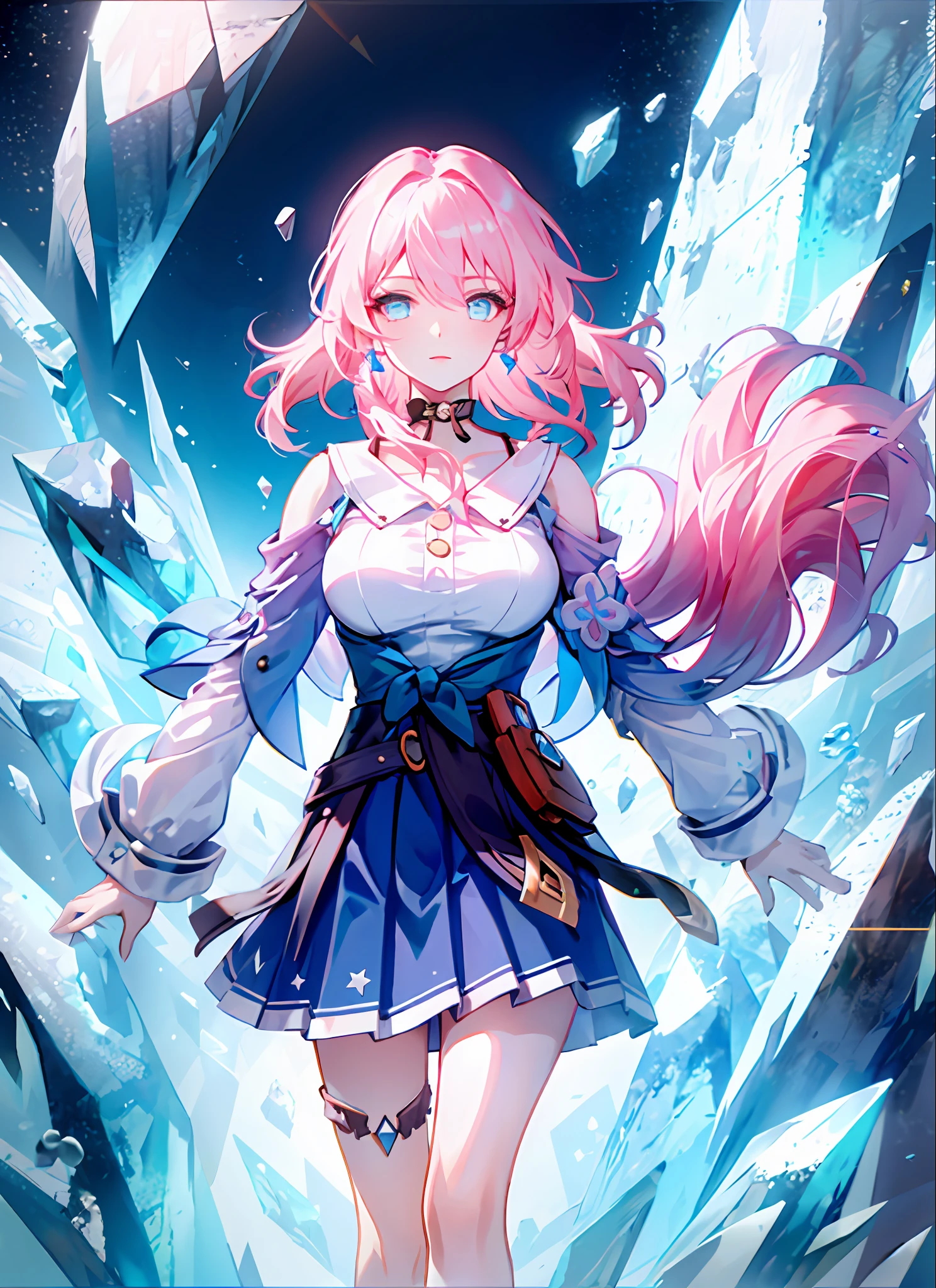 march 7th \(honkai: star rail\), 1girl, blue eyes, blue skirt, breasts, detached sleeves, earrings, ice, jewelry, long sleeves, medium breasts, medium hair, pink hair, shirt, skirt, solo, star \(symbol\), star earrings, white shirt