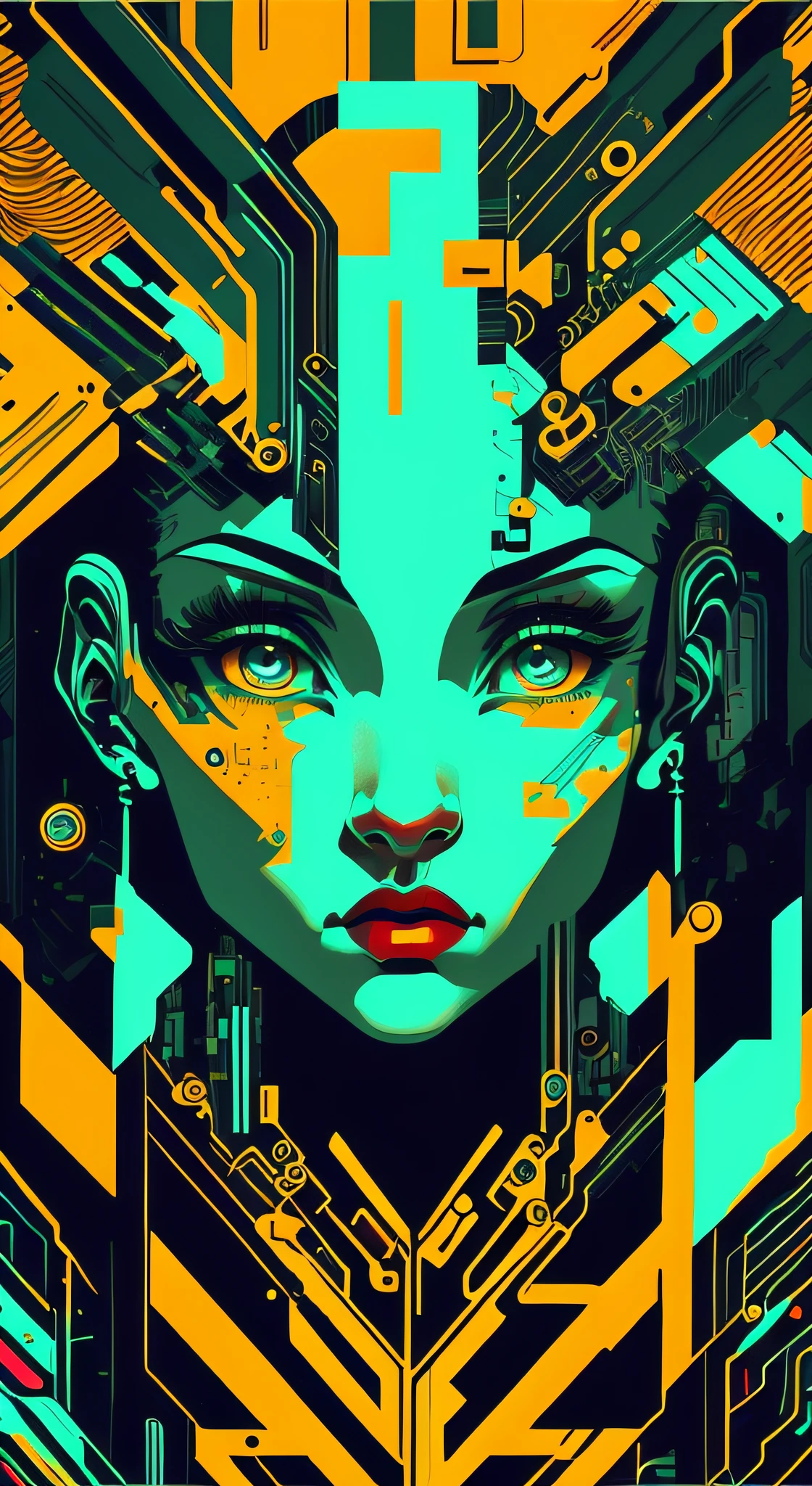 (masterpiece, 4k, ultra detailed, raw photo: 1.2), illustration, (1woman:1), (single background: 1.4), (symmetry: 1.2), (Art Deco:1.4), (retro-futuristic:1.4), (minimalism:1.4), (clean:1.4), (flat_color:1.4), (cyberpunk:1.4), CCDDA Artstyl