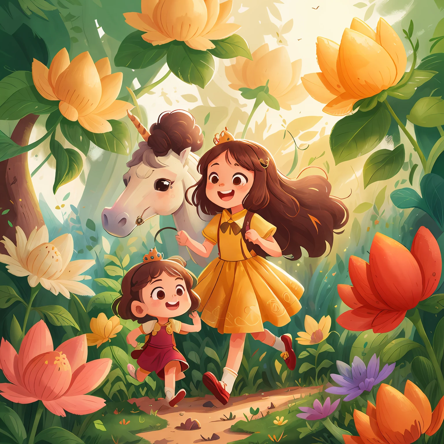 (best quality) (detailed description) (do not duplicate) a girl in a golden tiara, 10 years old, golden dress, long dress, short hair, brown hair, happy, running, next to a white unicorn horse, in a flower garden