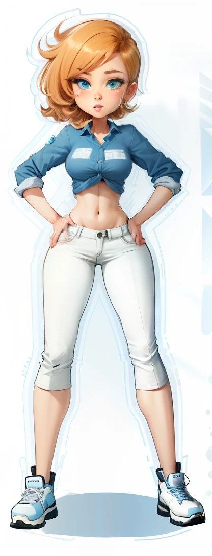 a cartoon girl with a blue shirt and white pants, hand on hips, wide hips, large hips, widest hips, full body picture, full body close-up shot, full body female, female full body, hands on hips, slender body, tight attire, cartoon image, skinny waist and thick hips, full body;, character is in her natural pose