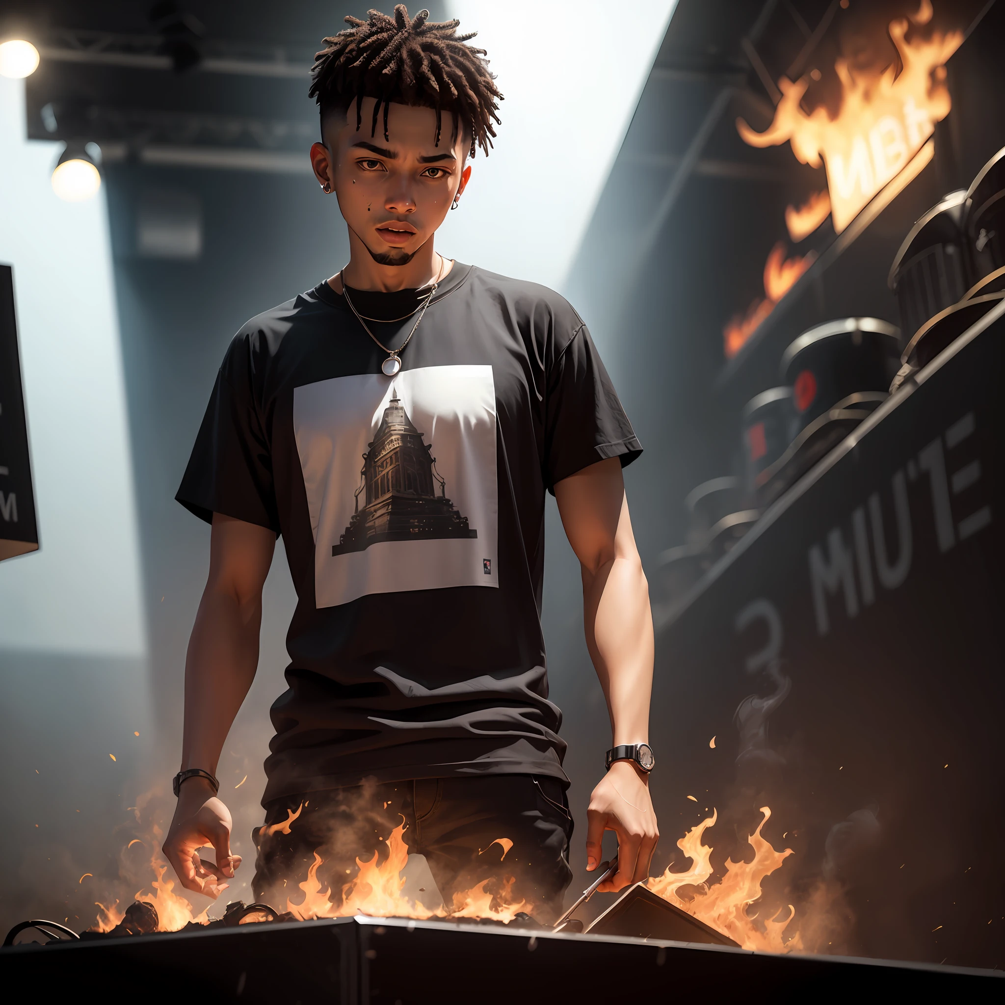 A young rapper stands atop a burning stage with the writing "Mnb" on his T-shirt --auto