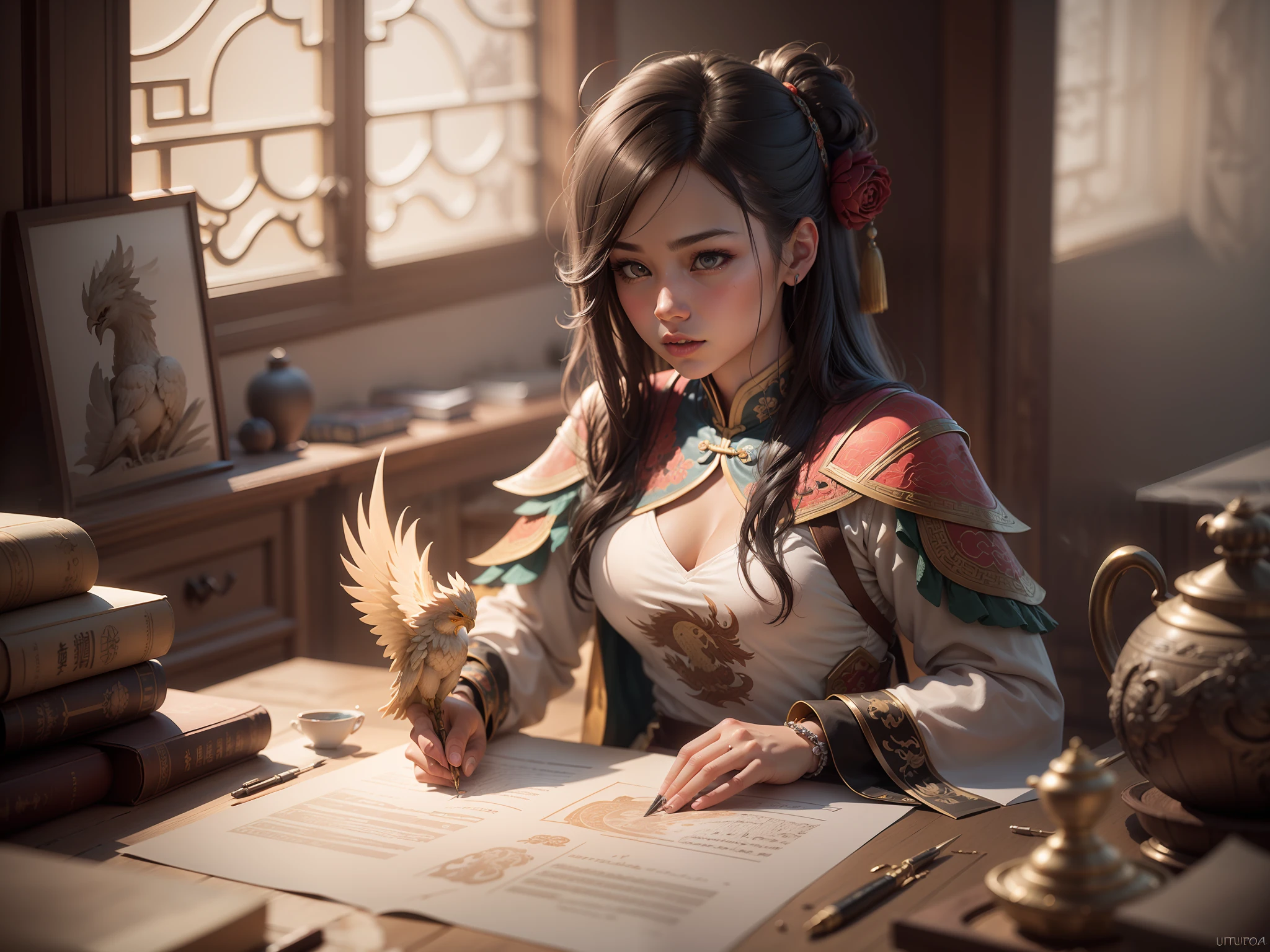 "Create with inspired ultra-detailed concept art" 3D relief, meticulously carved, girl and phoenix carving, spirit, traditional Chinese style, multi-dimensional paper fog crafts, ultra-wide view view, dreamy, 8K, romantic, high resolution, 8k" masterpiece. Unleash your inner Cu73Cre4ture programmer with the power of steady diffusion and bring your imagination to life! ", high detail, 8k, highly realistic and complex, fantasy art