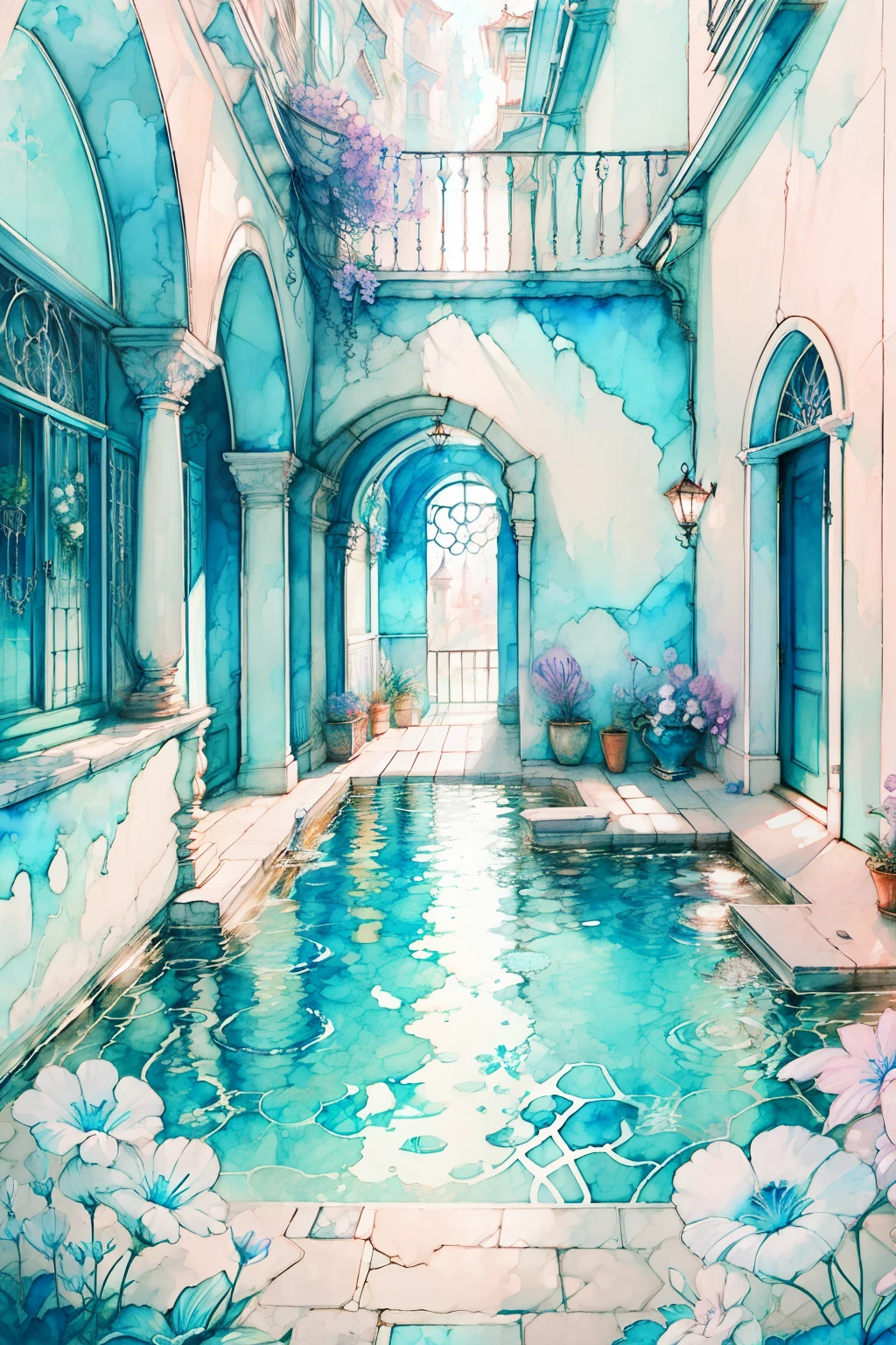 "Vibrant watercolor painting of a serene courtyard with a pool and colorful flowers."