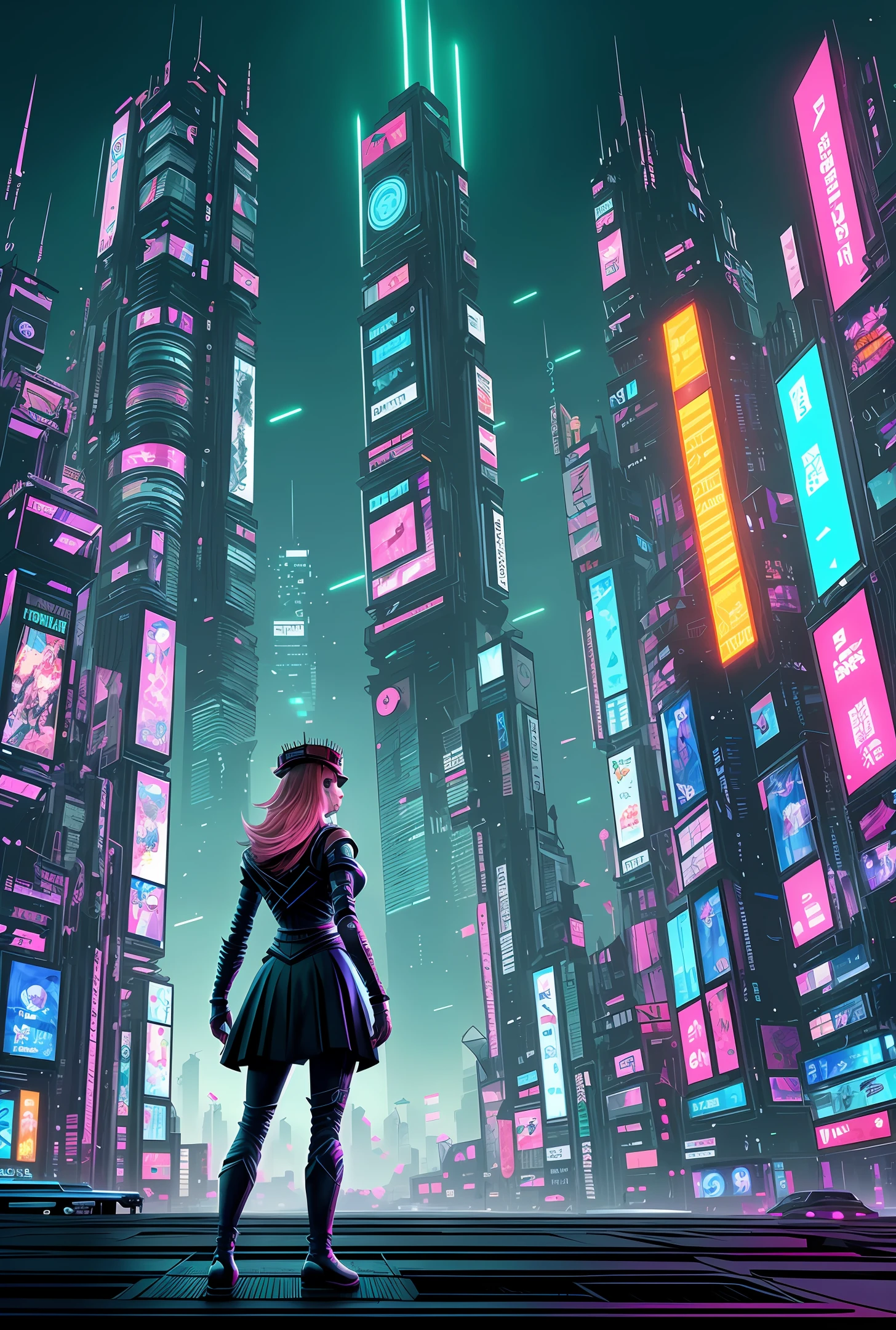 "Type of Image: Fan Art
Subject: Princess Peach from the Super Mario series, reinvented in a cyberpunk style. Peach is shown in an upgraded, futuristic version of her iconic pink dress, which has been reimagined with elements of high-tech armor, neon highlights, and integrated technology. Her crown is transformed into a high-tech gadget with holographic capabilities. She is set against a backdrop of a dense, futuristic city at night, filled with neon lights, towering skyscrapers, and flying vehicles.
Art Styles: Cyberpunk, Futuristic
Art Inspirations: Yoji Shinkawa, Josan Gonzalez."