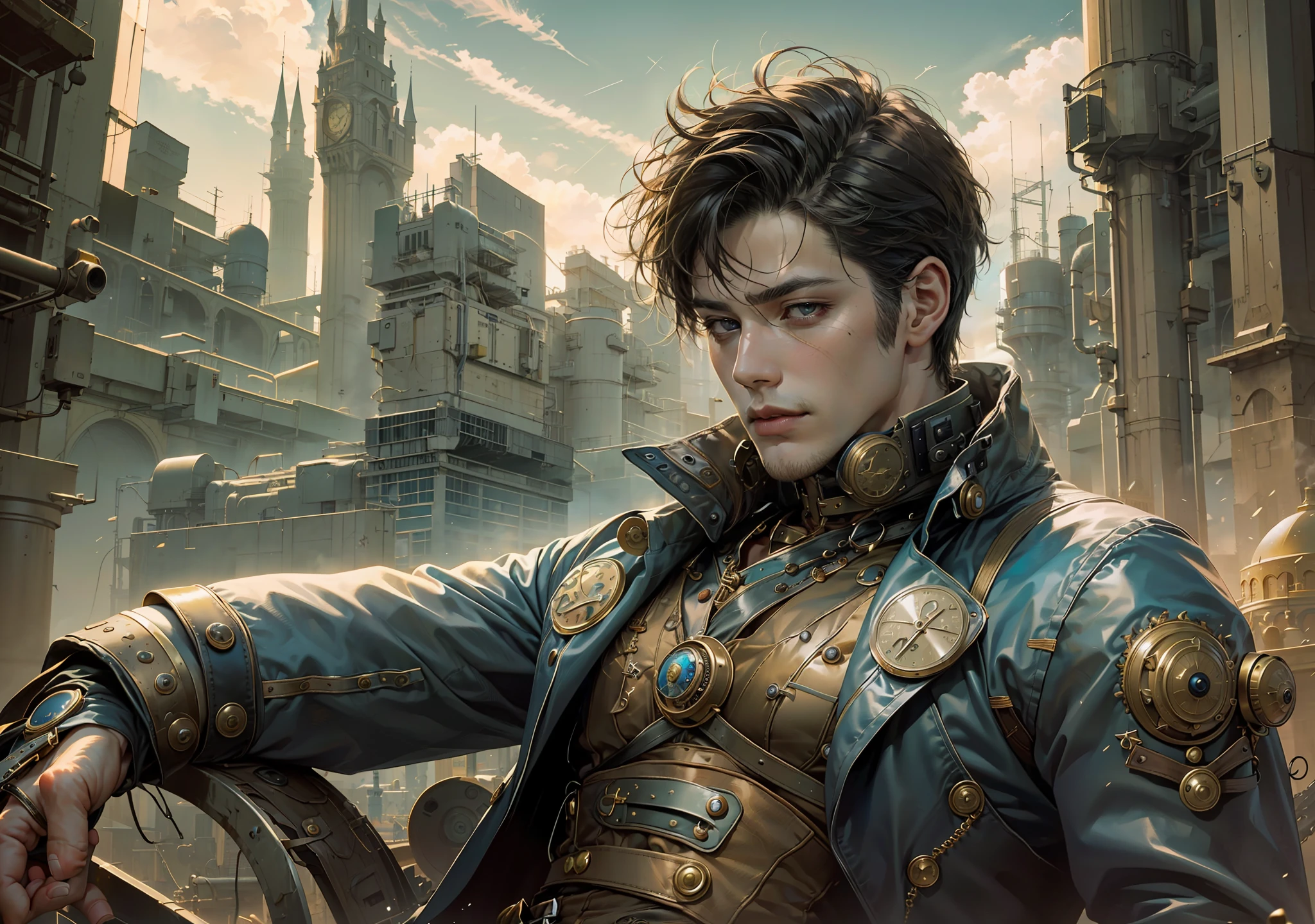 man, abs, male, male face, attractive, muscular, ((1man)), sitting, cool pose,(( steampunk clothes)), masterpiece, absurd, best quality, intricate details, (shiny skin, shiny body, bright and oily skin, shiny hair, pale skin tone), old castle, sunset, attractive, adult, one, don't look at the sight, short black hair, perfect detailed face, perfect detailed hands, blue eyes, ((MLS)), medium large outbreak