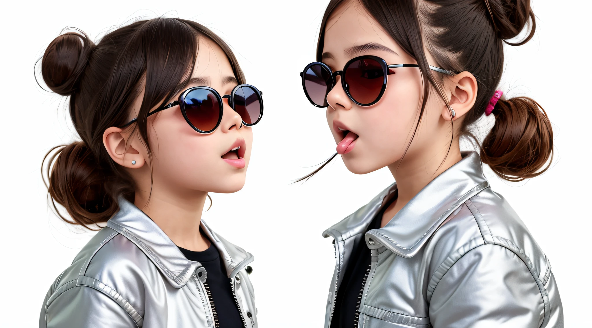 masterpiece, best quality, realistic, girl child dark hair of bun and sunglasses, long hair, SILVER JACKET, broad shoulders, small head, upper body, (white background: 1.3), mouth closed.