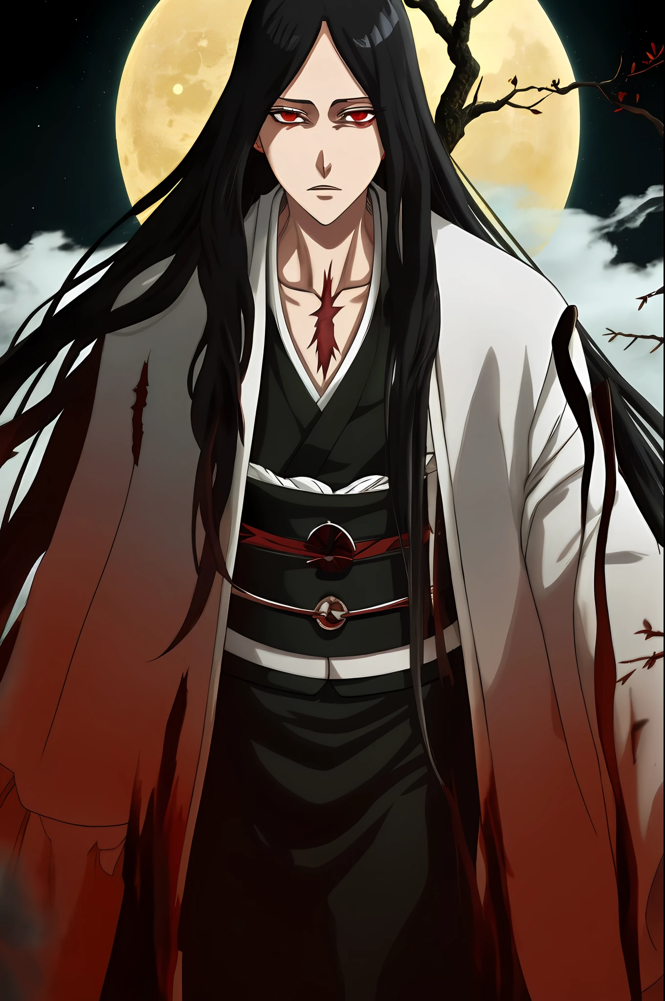 Unohana, solo, white Japanese Shinigamis clothes, chest scar, red eyes, haori, (dark forest:1.2), moon