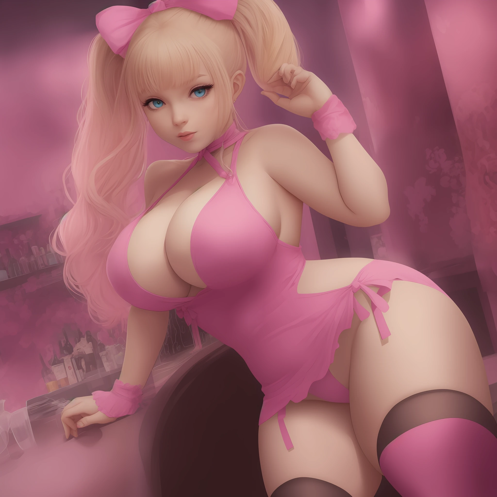 Adult Woman, Adult with blue eyes, with Blonde Pigtails with big hair bows wearing a very skintight pink club dress, huge boobs, Lots of cleaveage, very curvy, thigh highs, Curvy. Slutty, Pink Vibe, Pink Environment, Bar, Club, Pink Aesthetic, Bows In her Hair.
