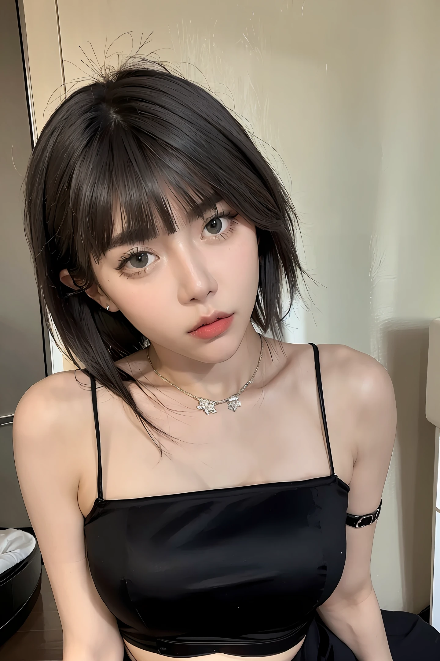 Sexy girl black hair fringe black clothes