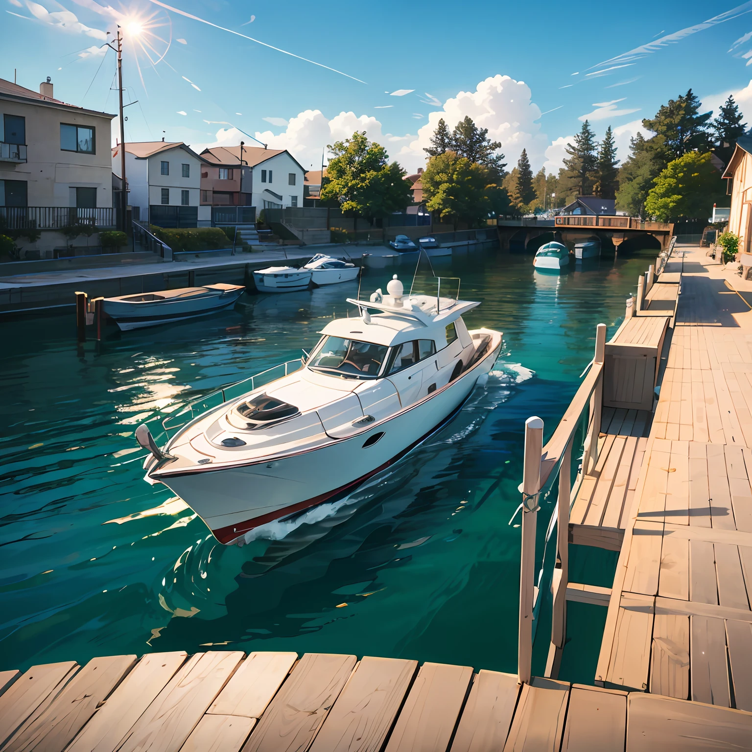 Speedboat parked in a dock, blue sky, shinning sun, 4k photo, aluminum lift, wooden deck --auto