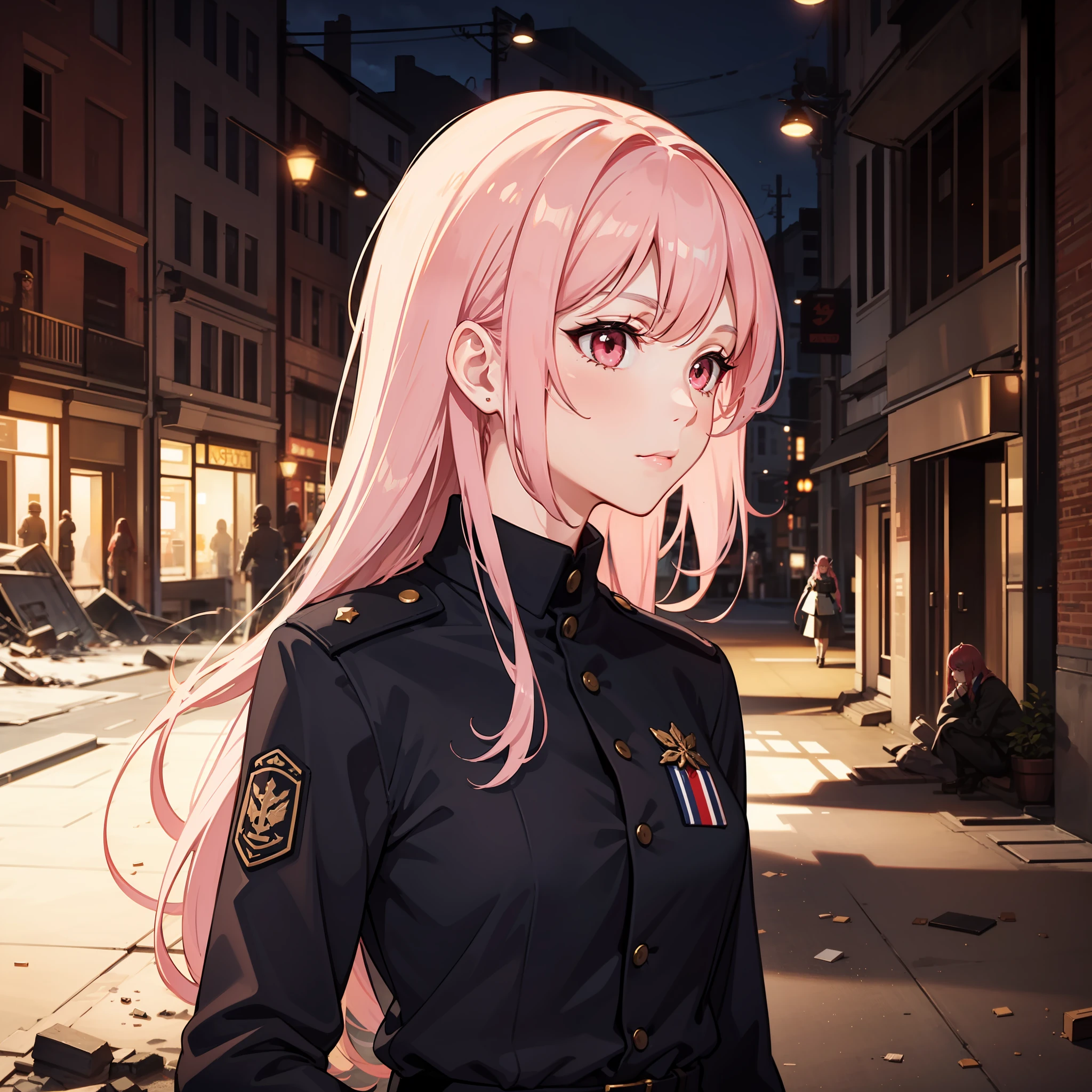 A woman, deminio, succubus, dressed in military uniform, in an empty and destroyed city, close-up, long pink hair