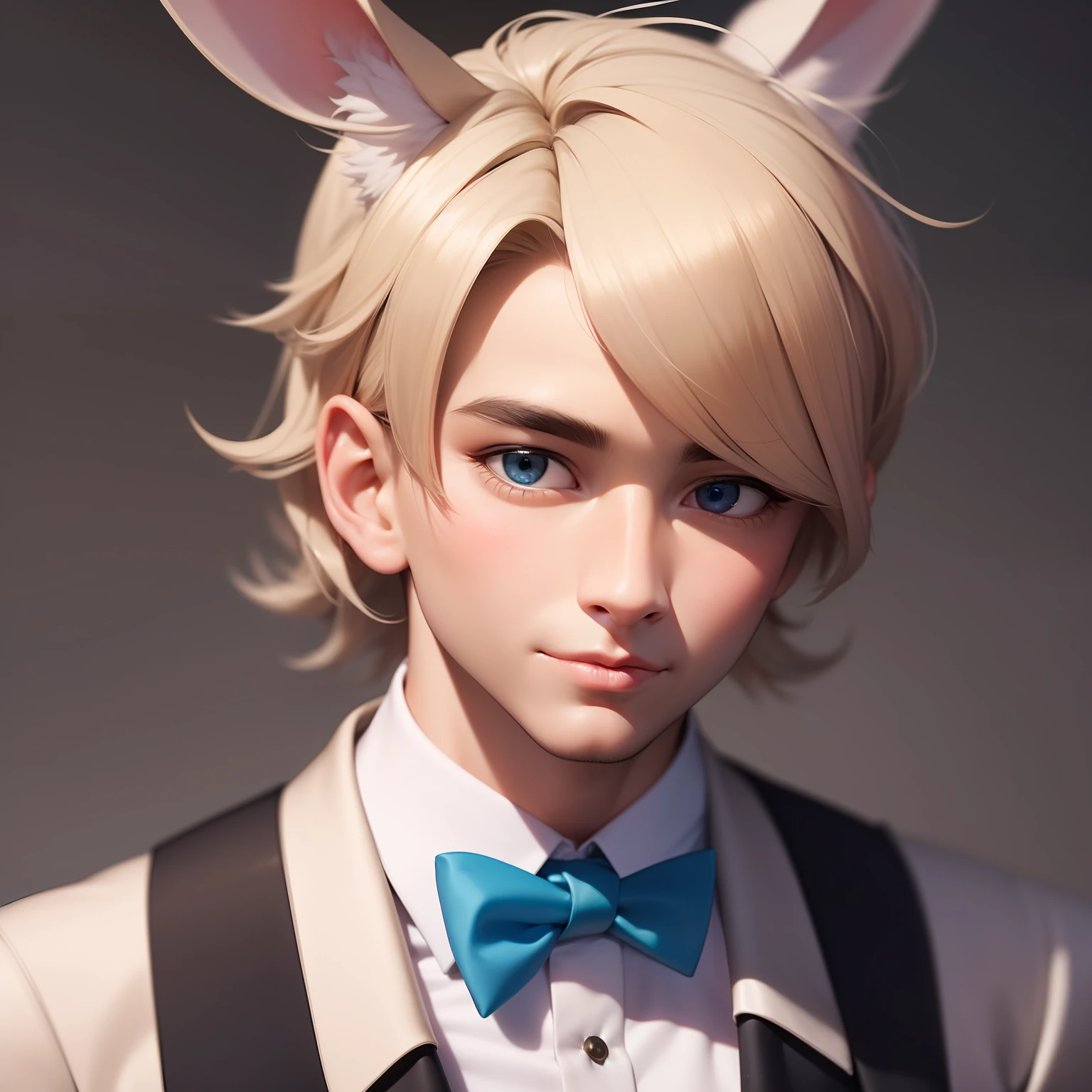 Draw a portrait of a male human who appears to be around 35 years old with an innocent look. He has cute rabbit ears and a fluffy rabbit tail. His expression is friendly and kind. He is wearing a white dress shirt paired with a stylish blue vest. His bow tie is also blue and matches the vest perfectly. His hair is a soft beige shade and is neatly styled, complementing his overall appearance. His eyes are a bright blue, conveying a gentle and curious gaze. Make sure to capture his captivating personality and the unique blend of human and rabbit features in his appearance.