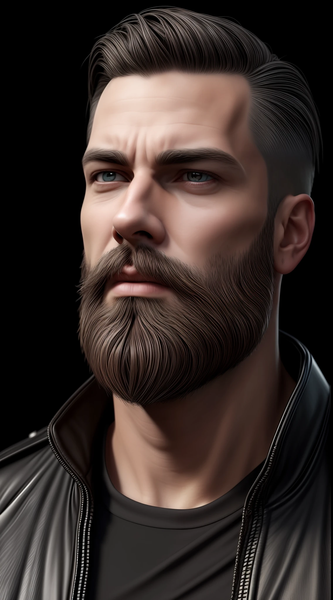 There is a man with beard and a black shirt, cinematic realistic portrait, portrait of a cyberpunk man, render 8k portrait, highly detailed VFX portrait, cinematic headshot portrait, very realistic digital art, attractive man, realistic realistic handsome, very attractive man with beard, fantasy male portrait, highly realistic digital art, accurate ultra realistic faces, highly detailed VFX portrait