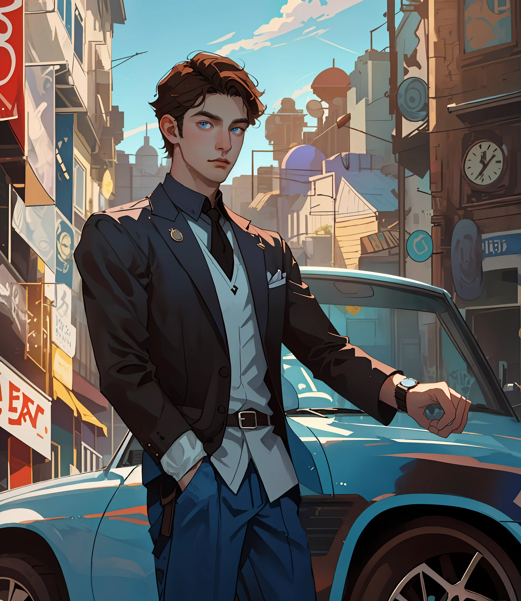 A young man, 20 years old, a Man, male Character, 1boy, slender, brown hair, blue eyes, looking at his watch, waiting, on a sunny day, city, metal steel building, pole, car in the distance, hdr: 1.25, intricate details: 1.14, filmic: 0.55