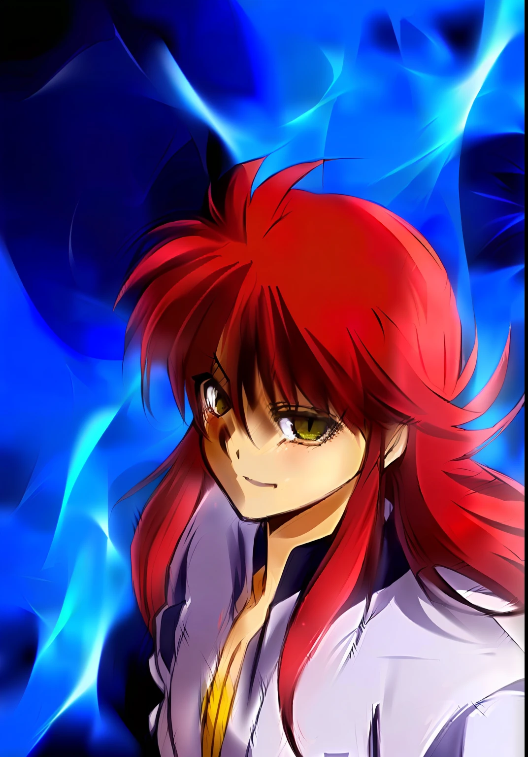 a close up of a person with red hair and a blue background, portrait knights of zodiac girl, misato katsuragi, yu - no, inspired by Matsumura Goshun, fus rei, rurouni kenshin, from kenshin, knights of zodiac girl, yuyushiki, : 80s anime style